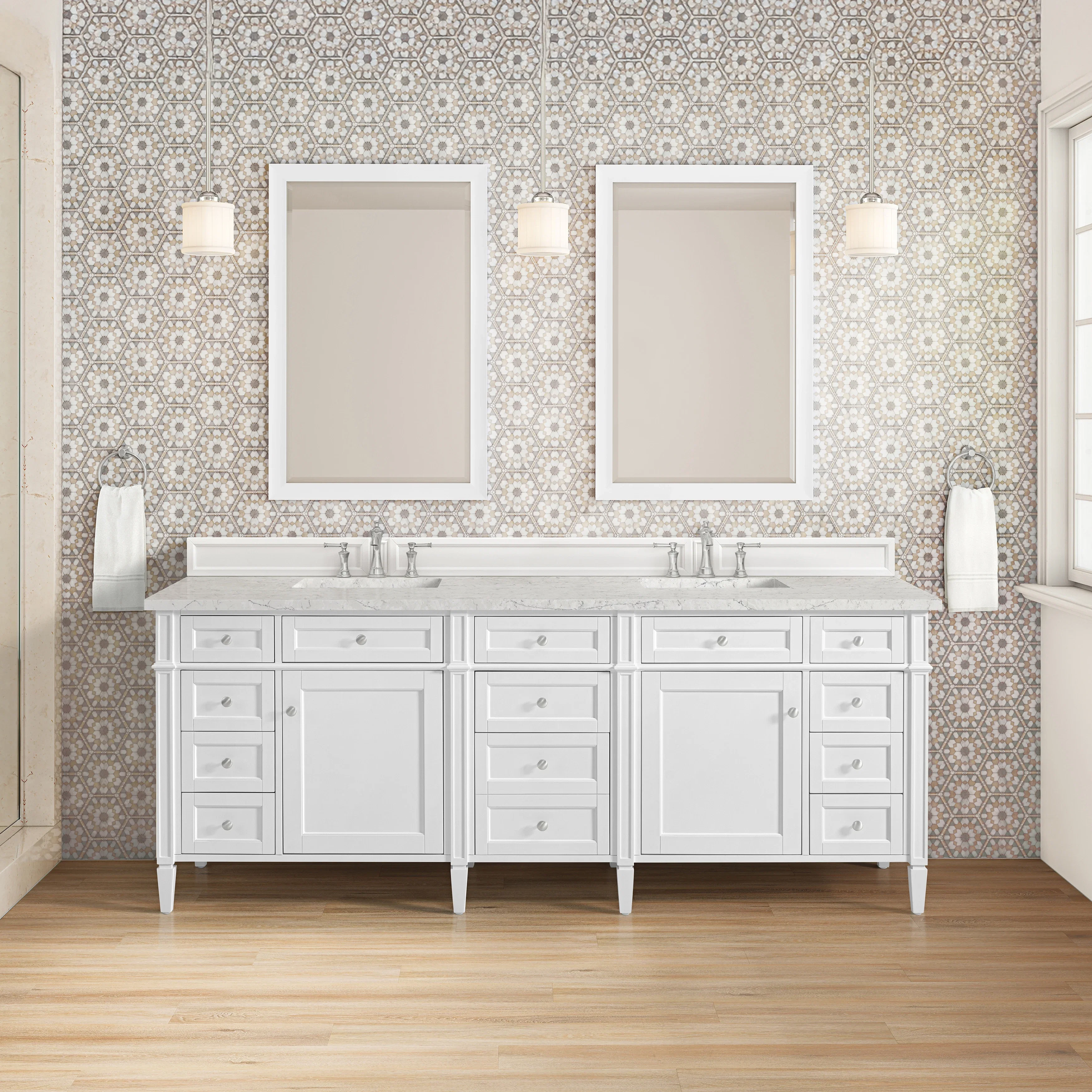 Brittany 84" Double Vanity, Bright White w/ 3 CM Eternal Jasmine Pearl Top w/FreePower Wireless Charger