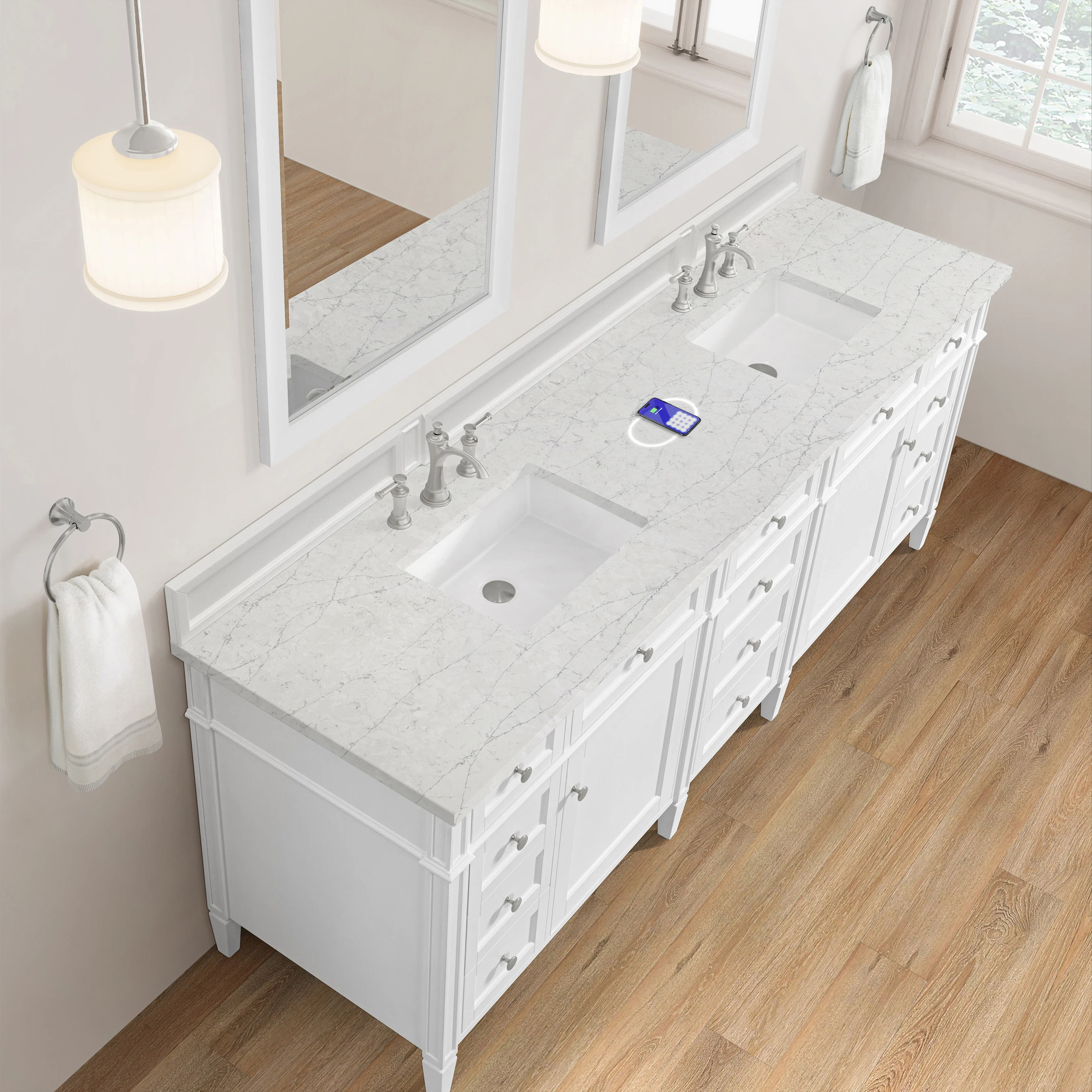 Brittany 84" Double Vanity, Bright White w/ 3 CM Eternal Jasmine Pearl Top w/FreePower Wireless Charger