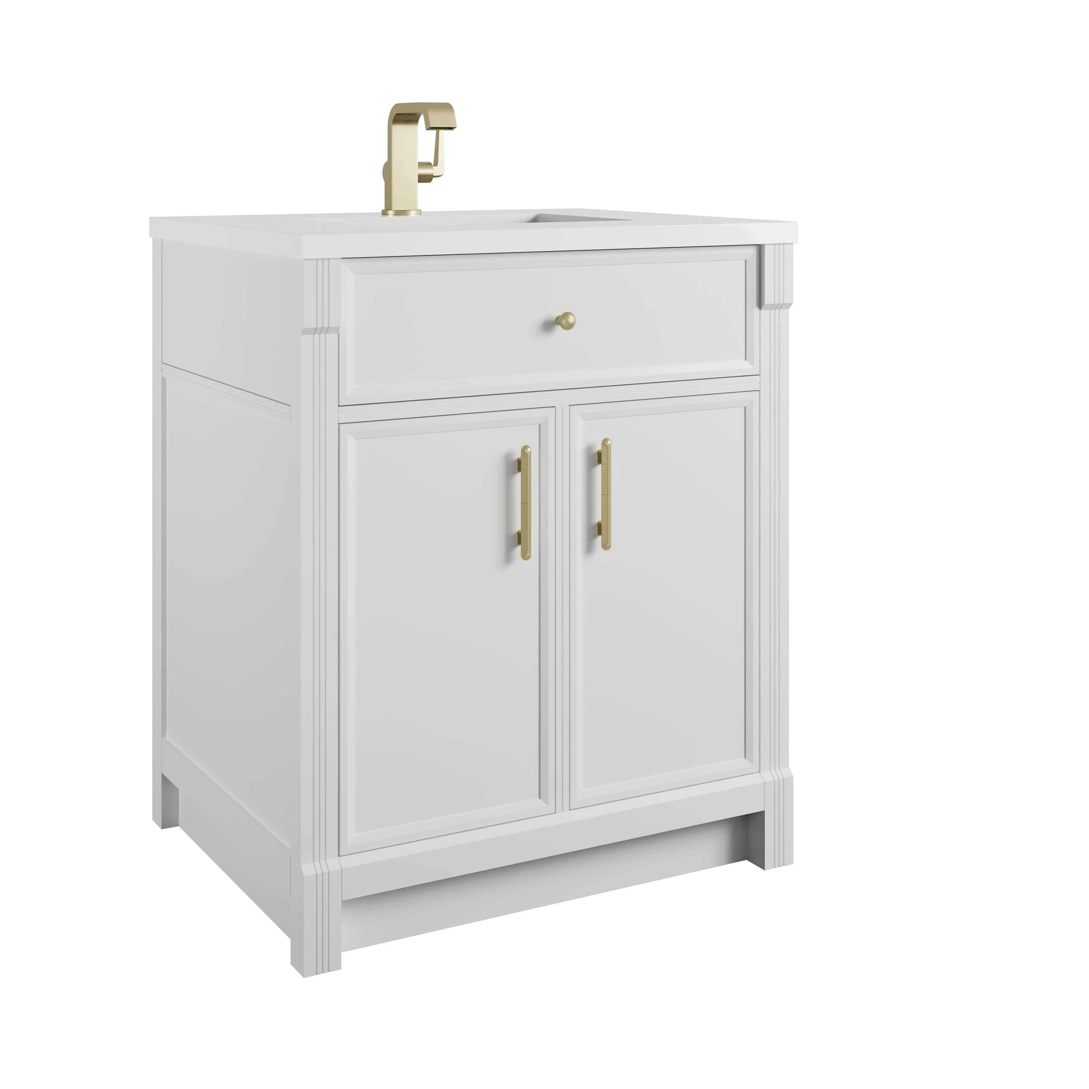 Bellshire 30" Single Vanity, Bright White w/ Single Hole 3 CM White Zeus Silestone Top and Matching Backsplash