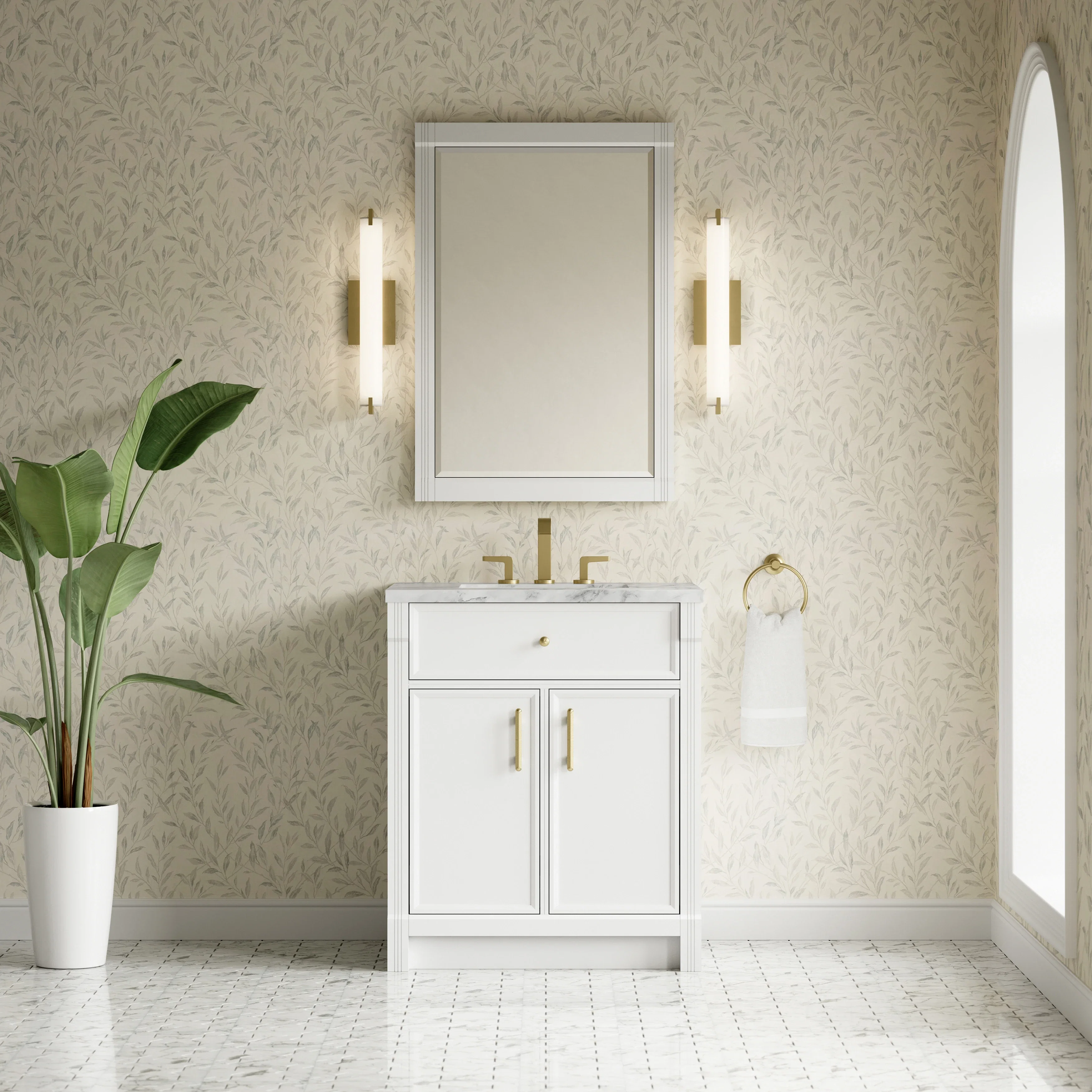 Bellshire 30" Single Vanity, Bright White w/ 3 CM Carrara Marble Top