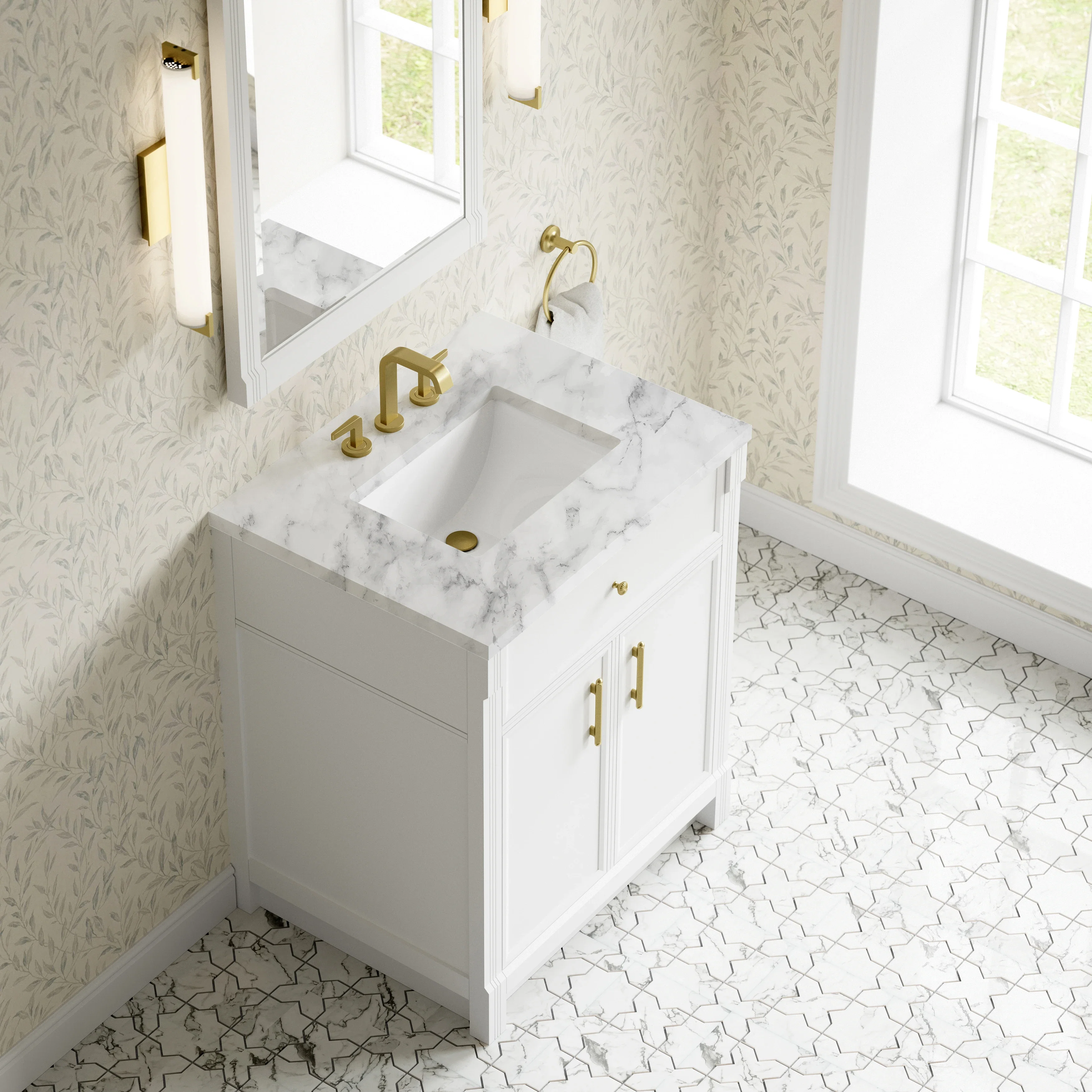 Bellshire 30" Single Vanity, Bright White w/ 3 CM Carrara Marble Top