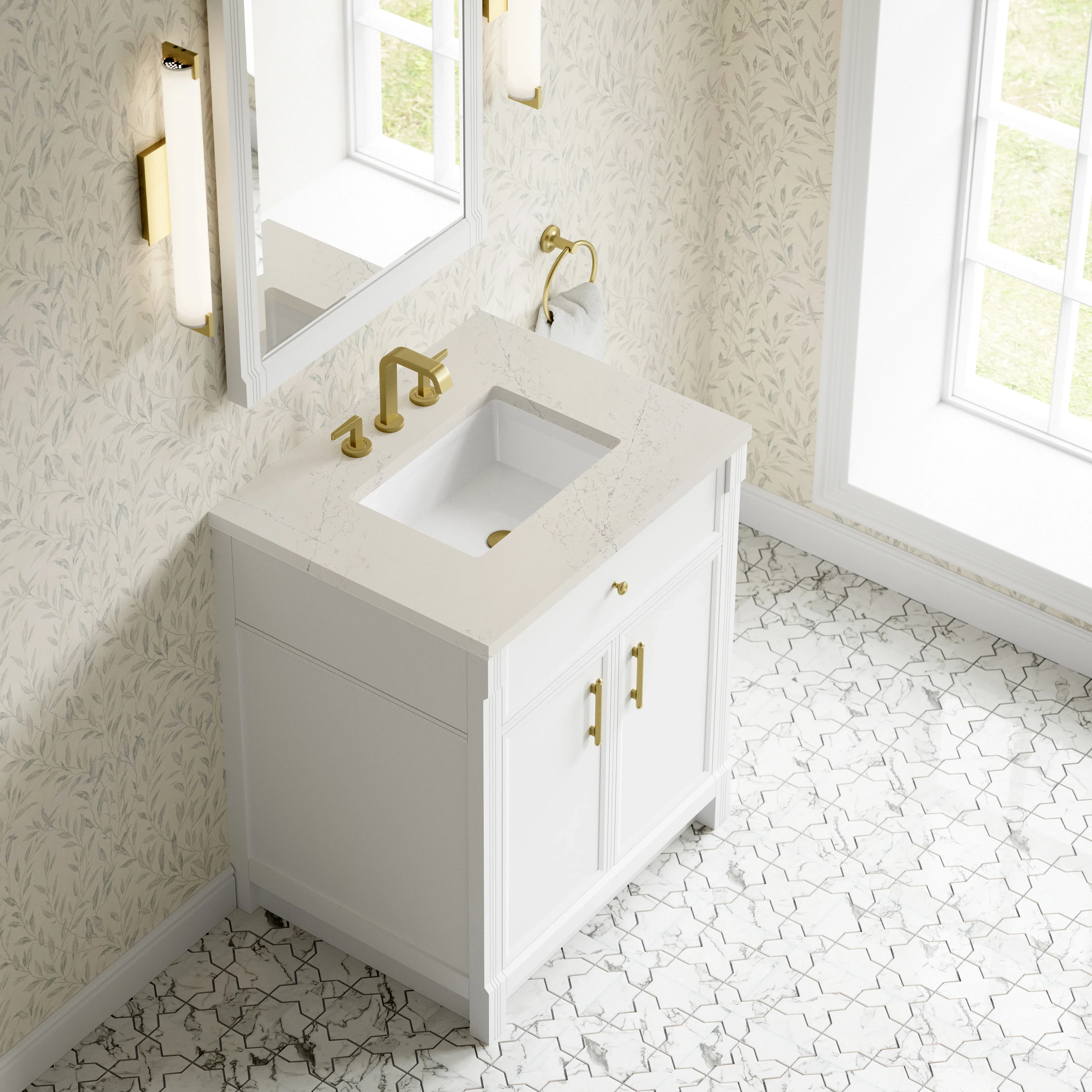 Bellshire 30" Single Vanity, Bright White w/ 3 CM Siberian Silestone Top