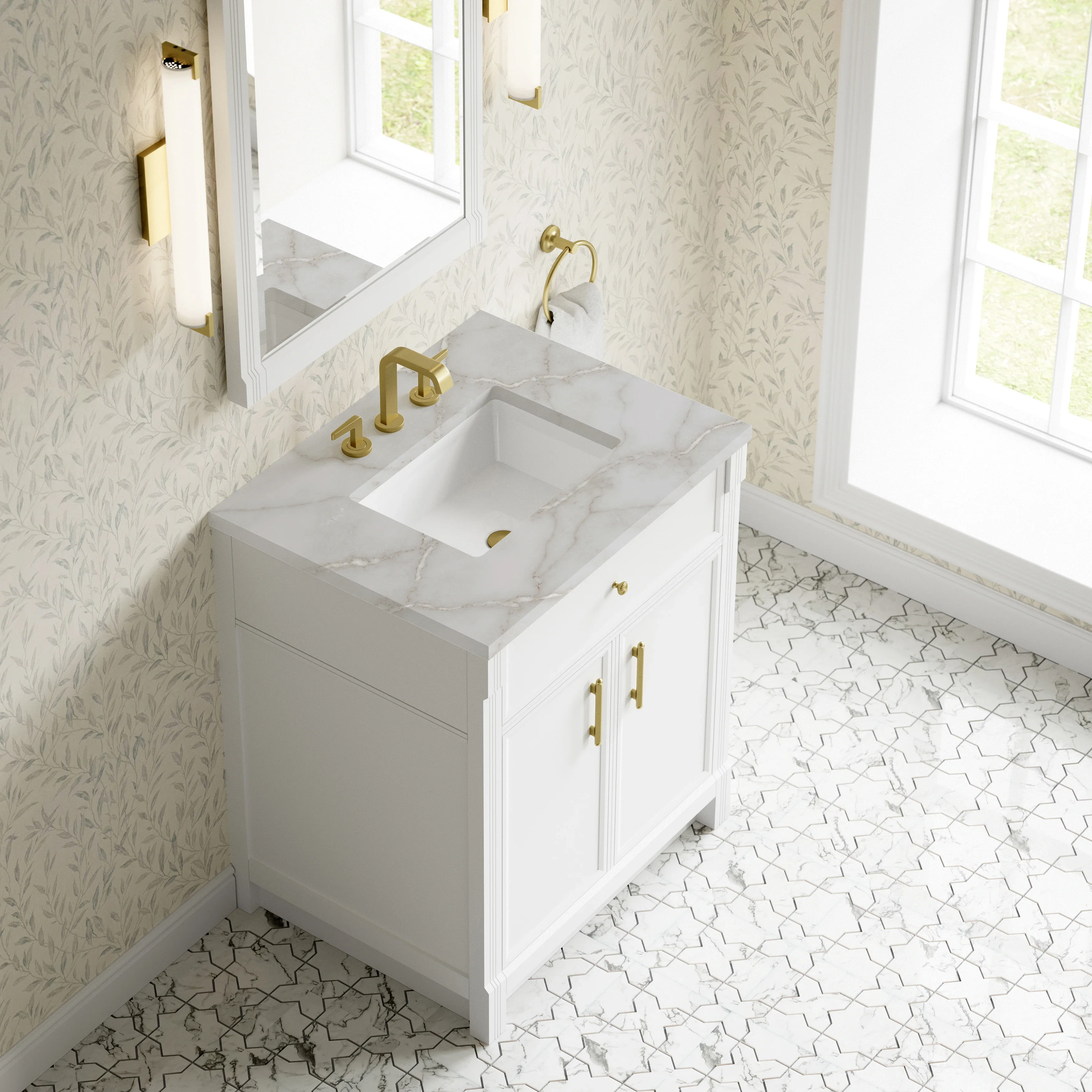 Bellshire 30" Single Vanity, Bright White w/ 3 CM Victorian Silver Silestone Top