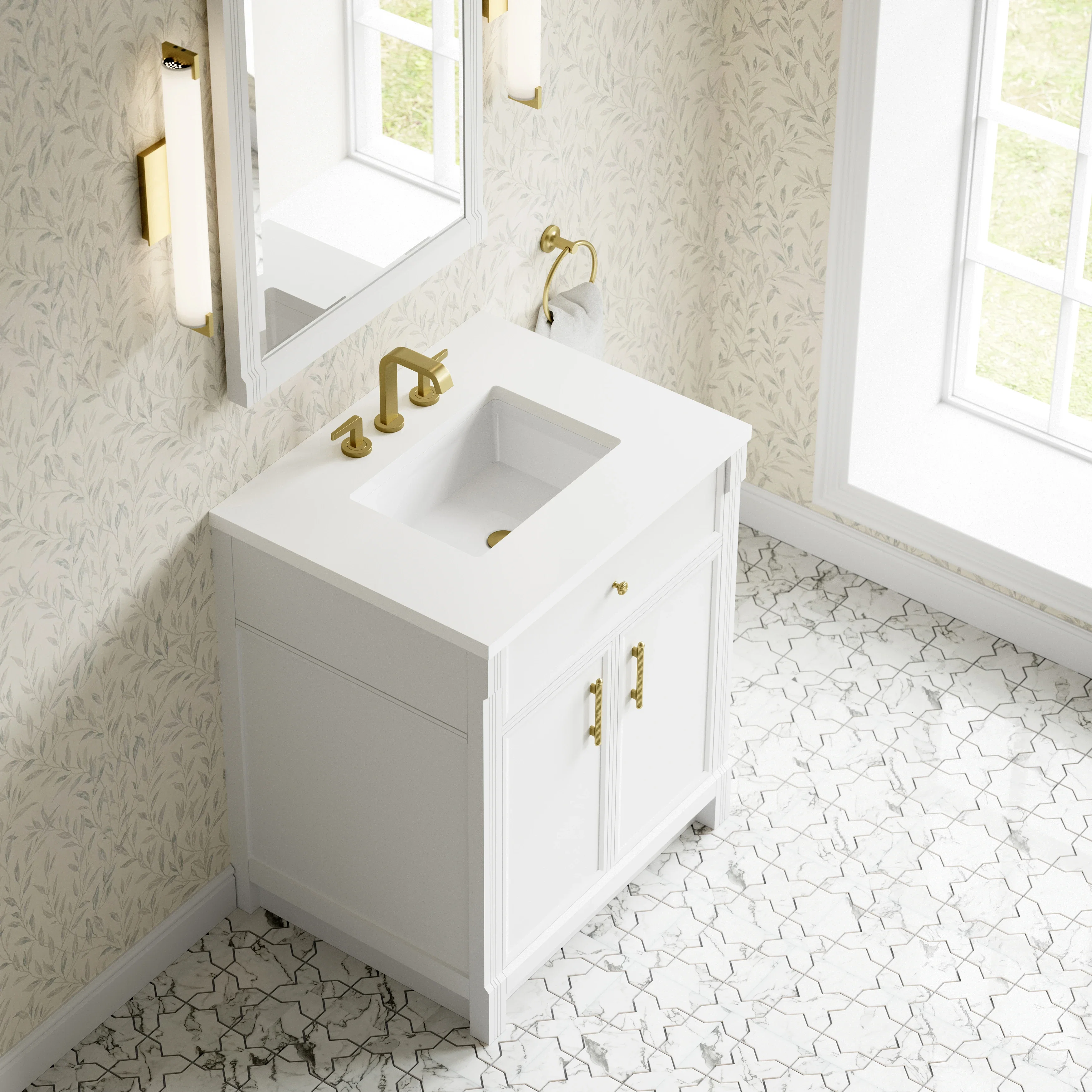 Bellshire 30" Single Vanity, Bright White w/ 3 CM White Zeus Silestone Top
