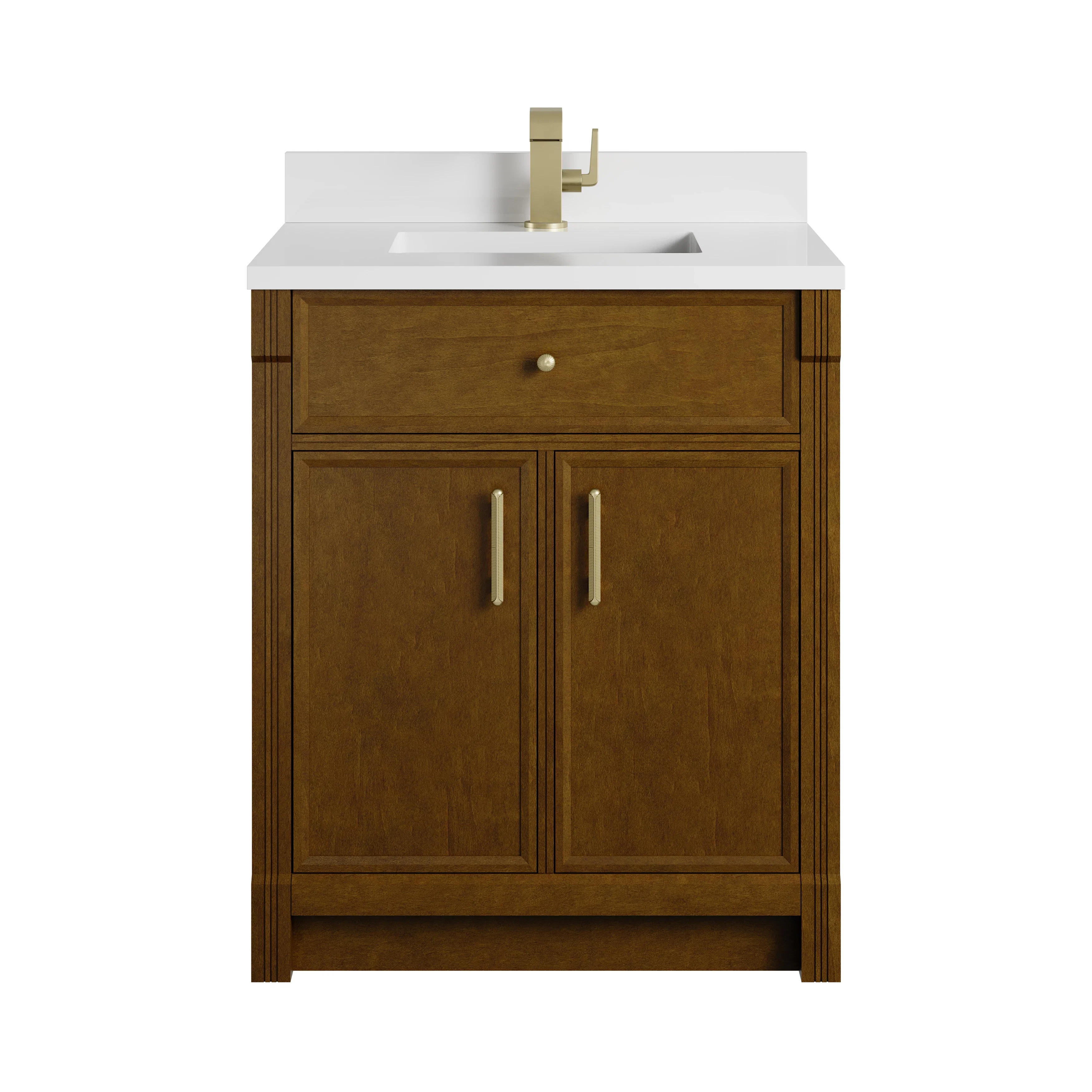 Bellshire 30" Single Vanity, Honey Oak w/ Single Hole 3 CM White Zeus Silestone Top and Matching Backsplash