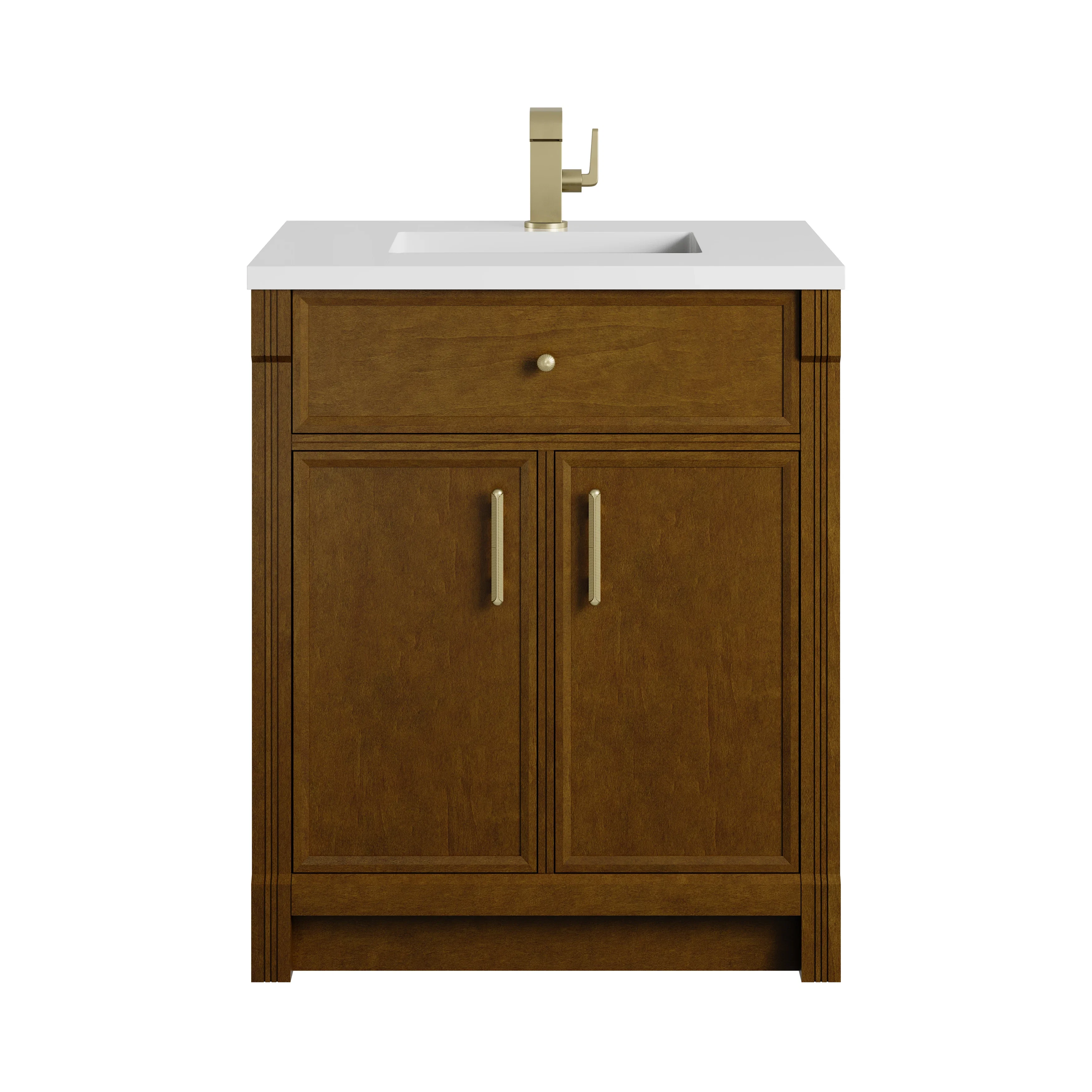 Bellshire 30" Single Vanity, Honey Oak w/ Single Hole 3 CM White Zeus Silestone Top and Matching Backsplash