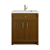 Bellshire 30" Single Vanity, Honey Oak w/ Single Hole 3 CM White Zeus Silestone Top and Matching Backsplash