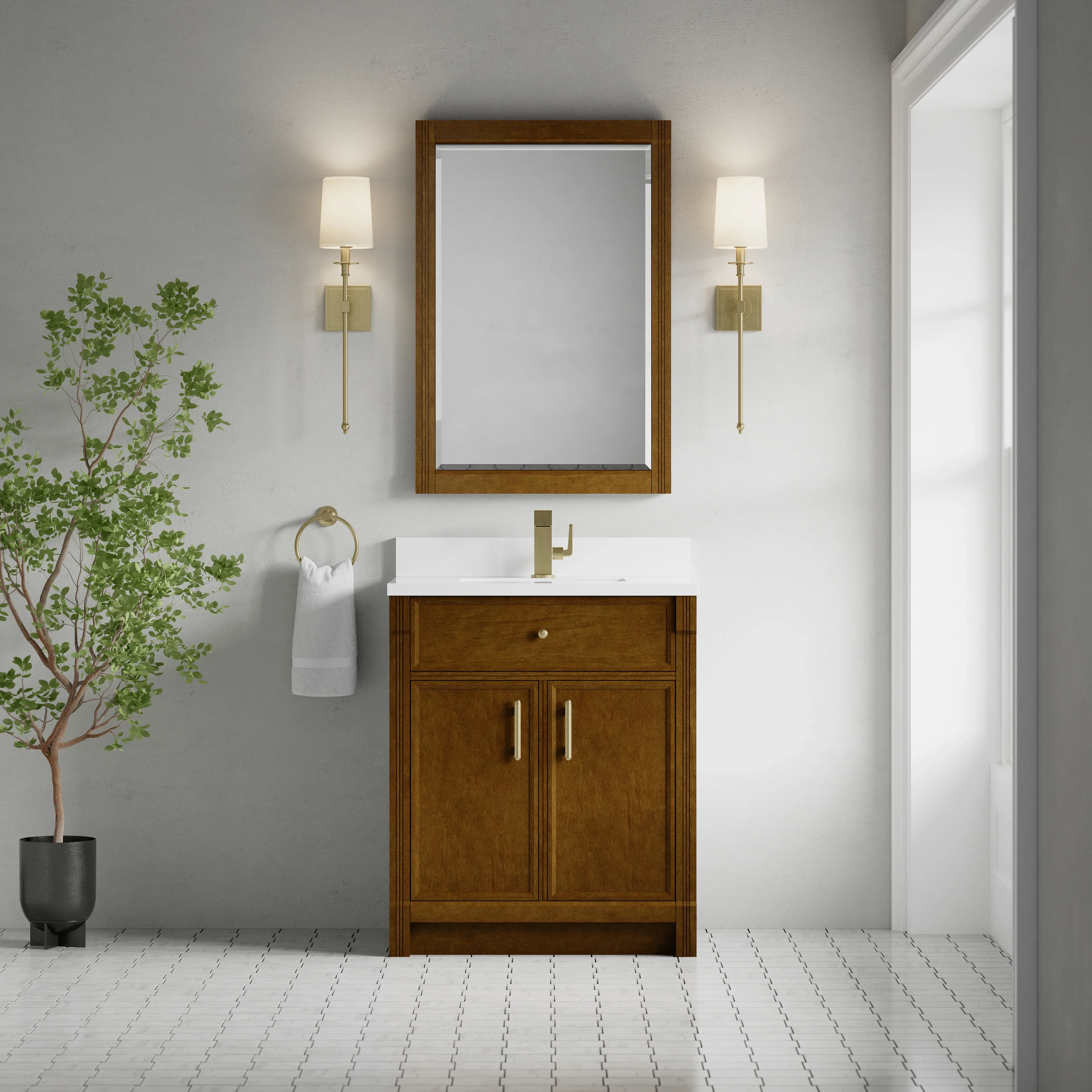 Bellshire 30" Single Vanity, Honey Oak w/ Single Hole 3 CM White Zeus Silestone Top and Matching Backsplash