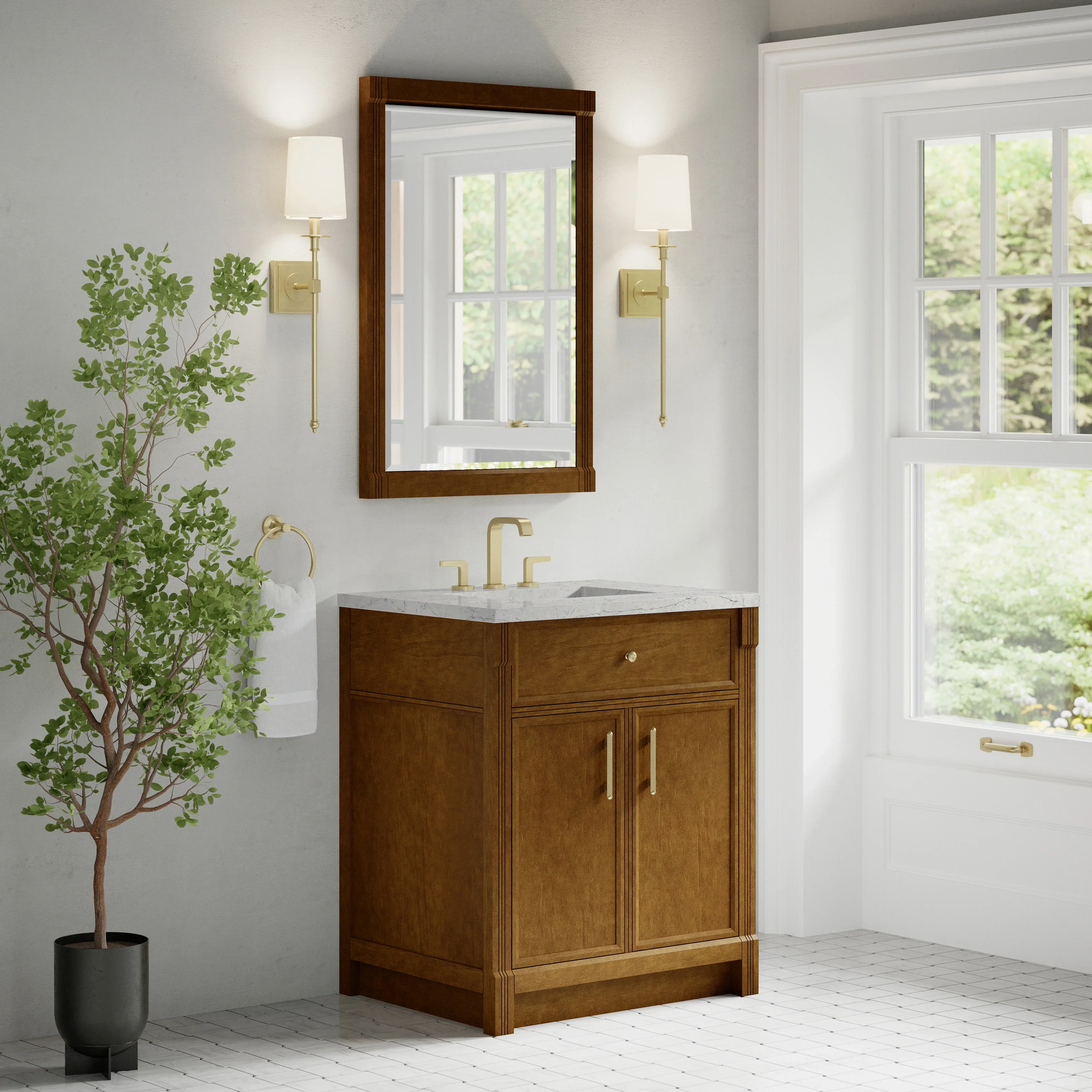 Bellshire 30" Single Vanity, Honey Oak w/ 3 CM Eternal Jasmine Pearl Silestone Top