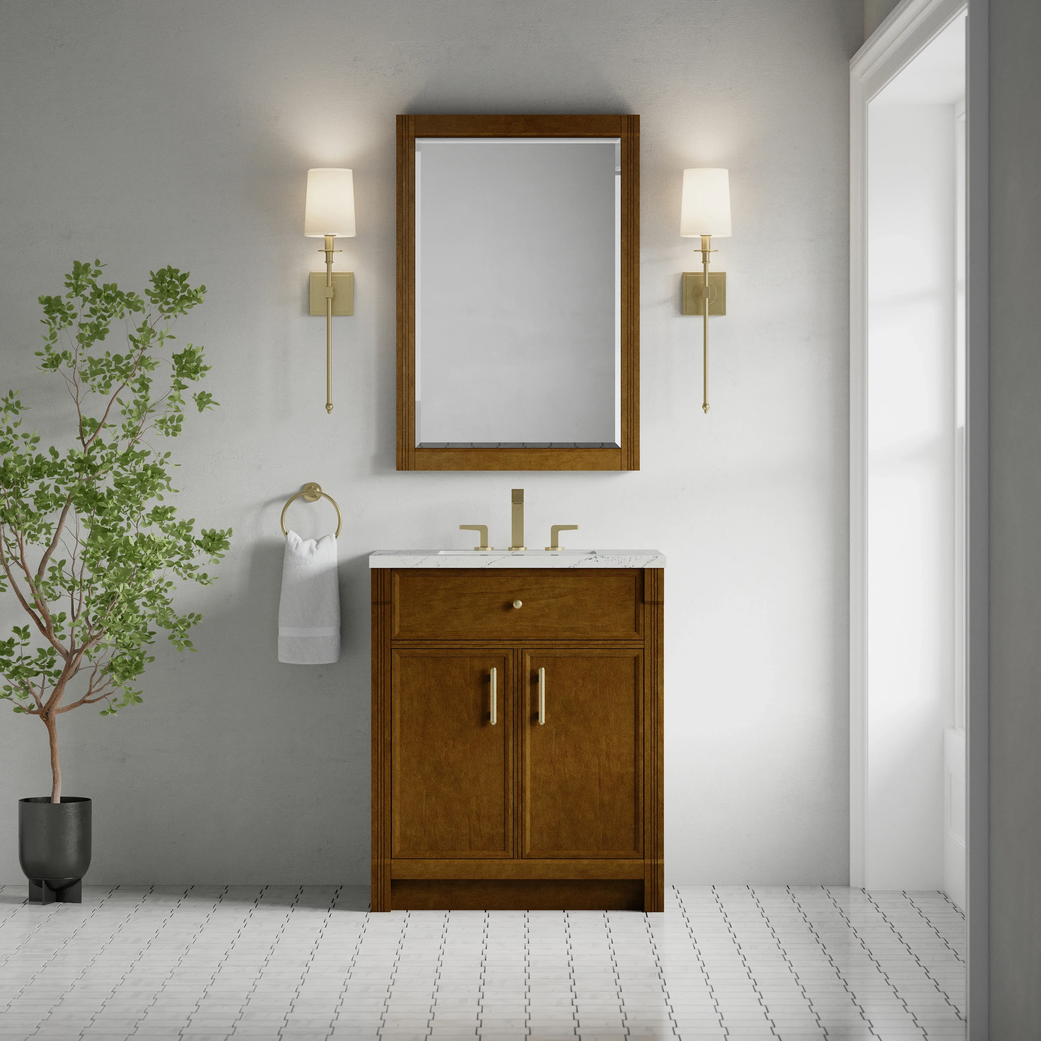 Bellshire 30" Single Vanity, Honey Oak w/ 3 CM Ethereal Noctis Silestone Top