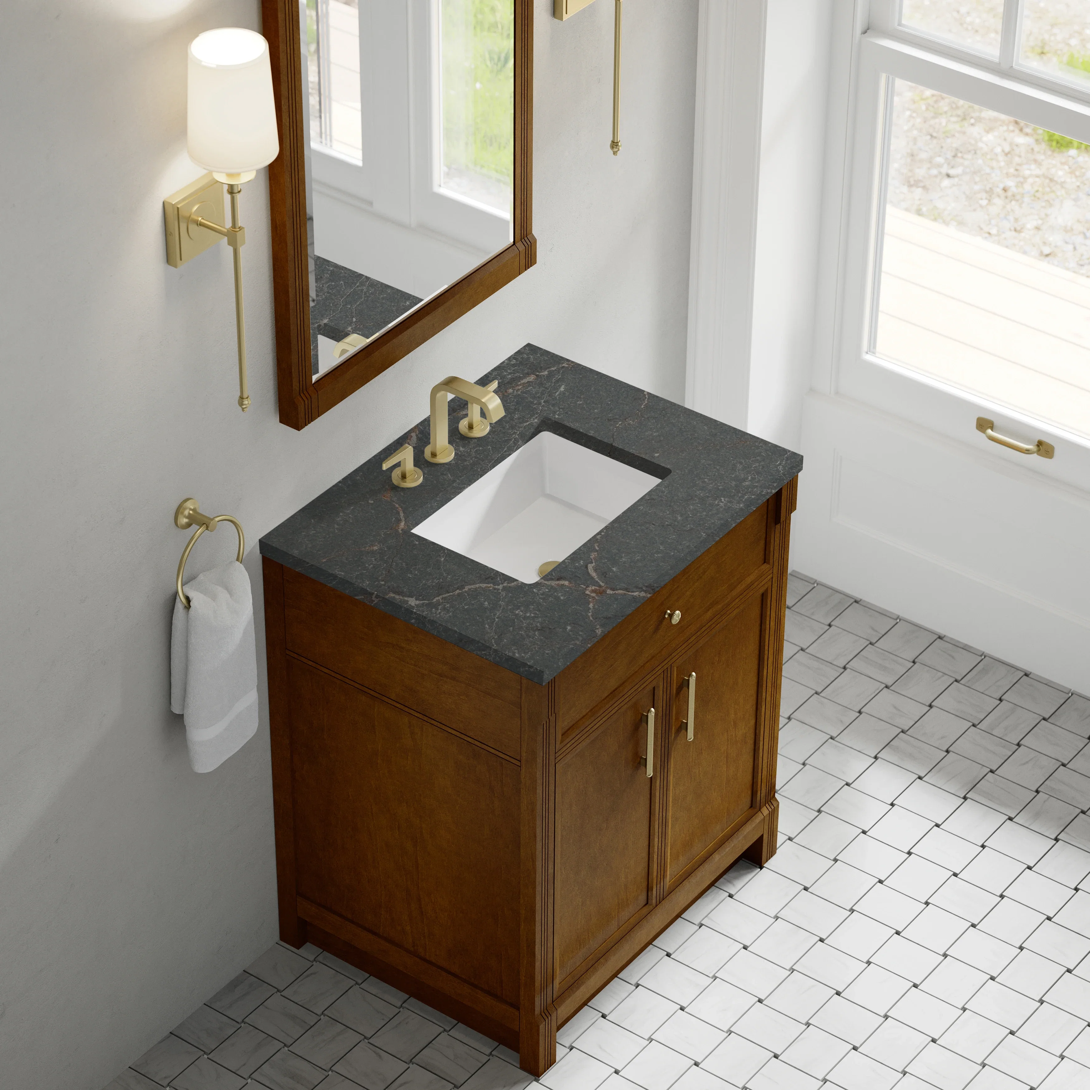 Bellshire 30" Single Vanity, Honey Oak w/ 3 CM Parisien Bleu Silestone Top