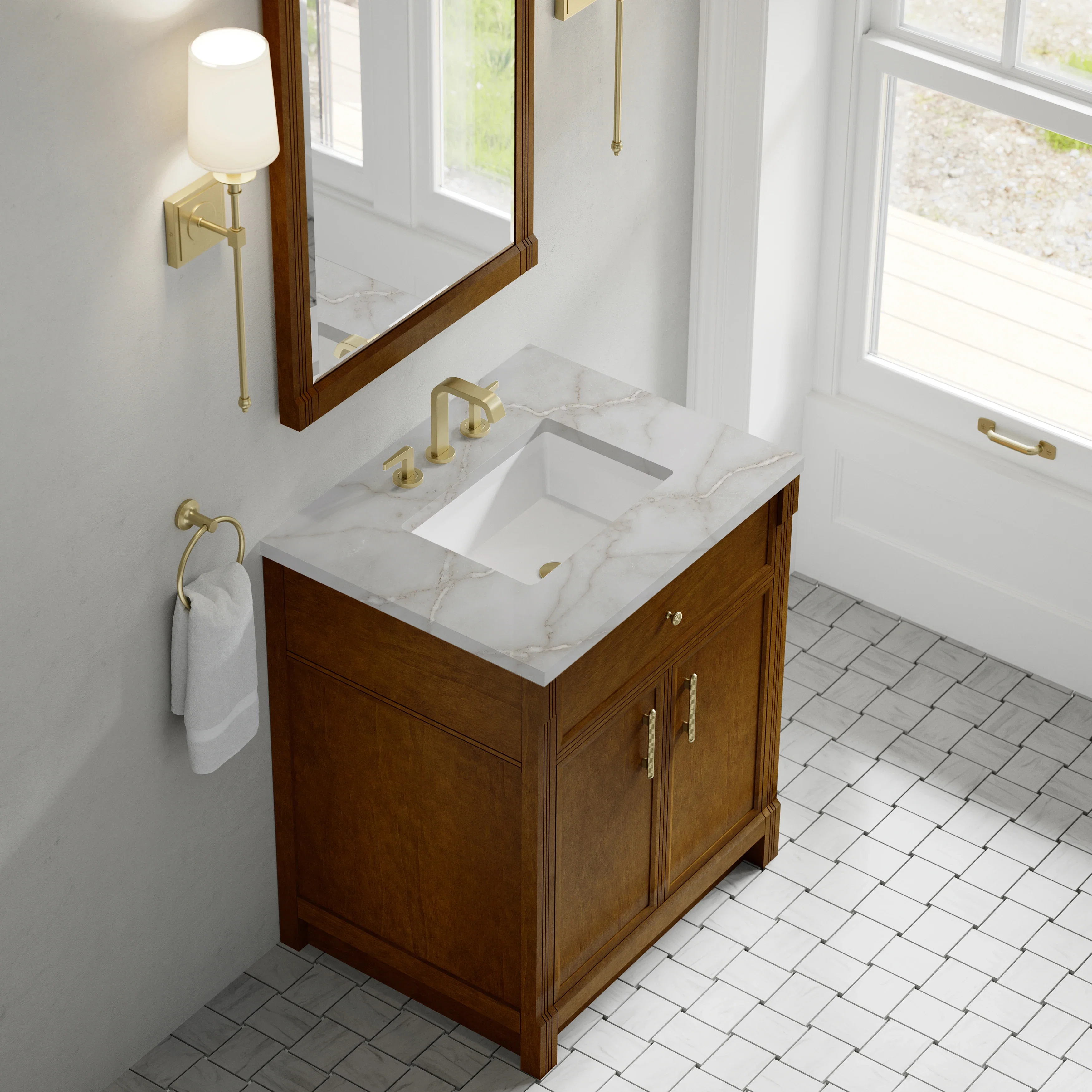 Bellshire 30" Single Vanity, Honey Oak w/ 3 CM Victorian Silver Silestone Top
