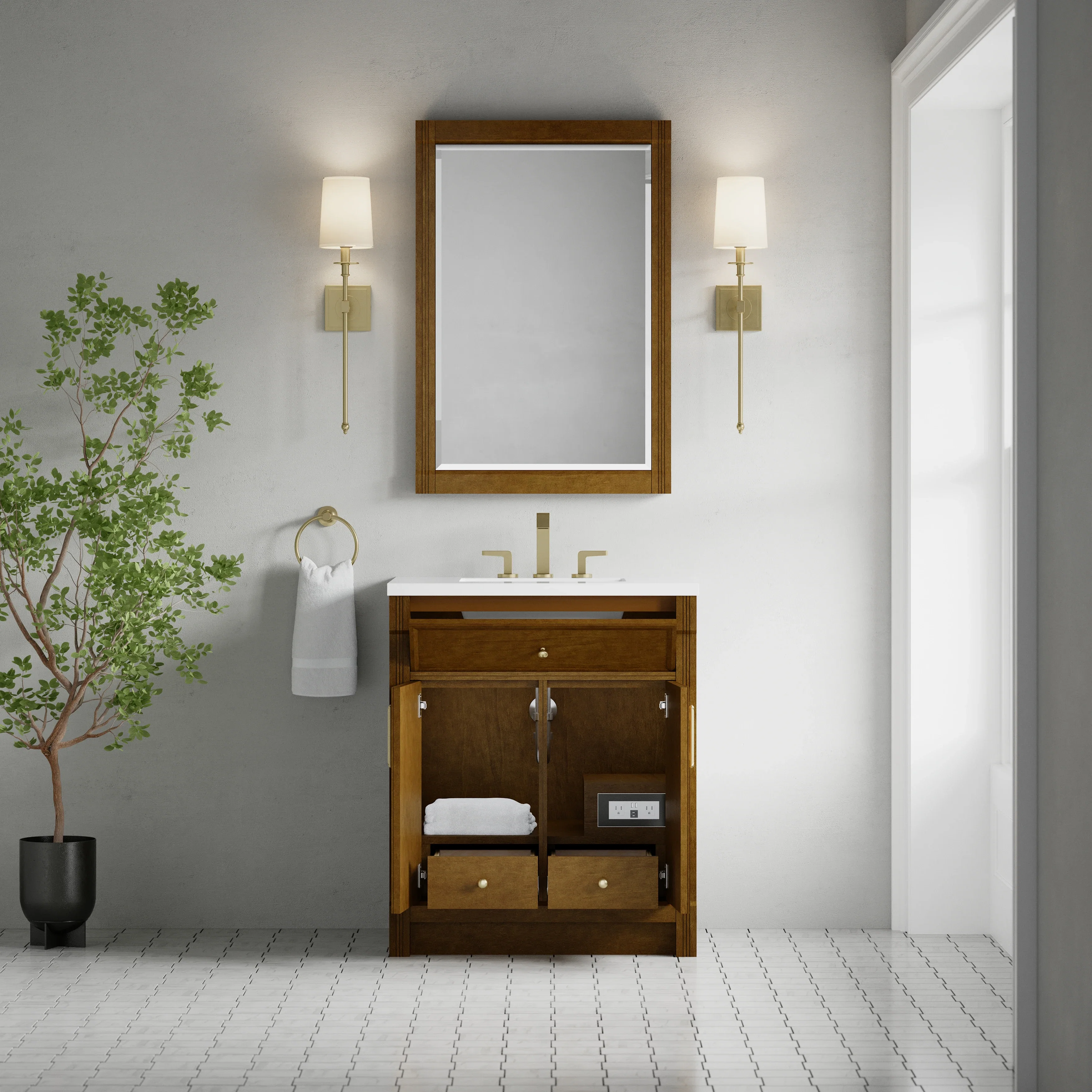 Bellshire 30" Single Vanity, Honey Oak w/ 3 CM White Zeus Silestone Top