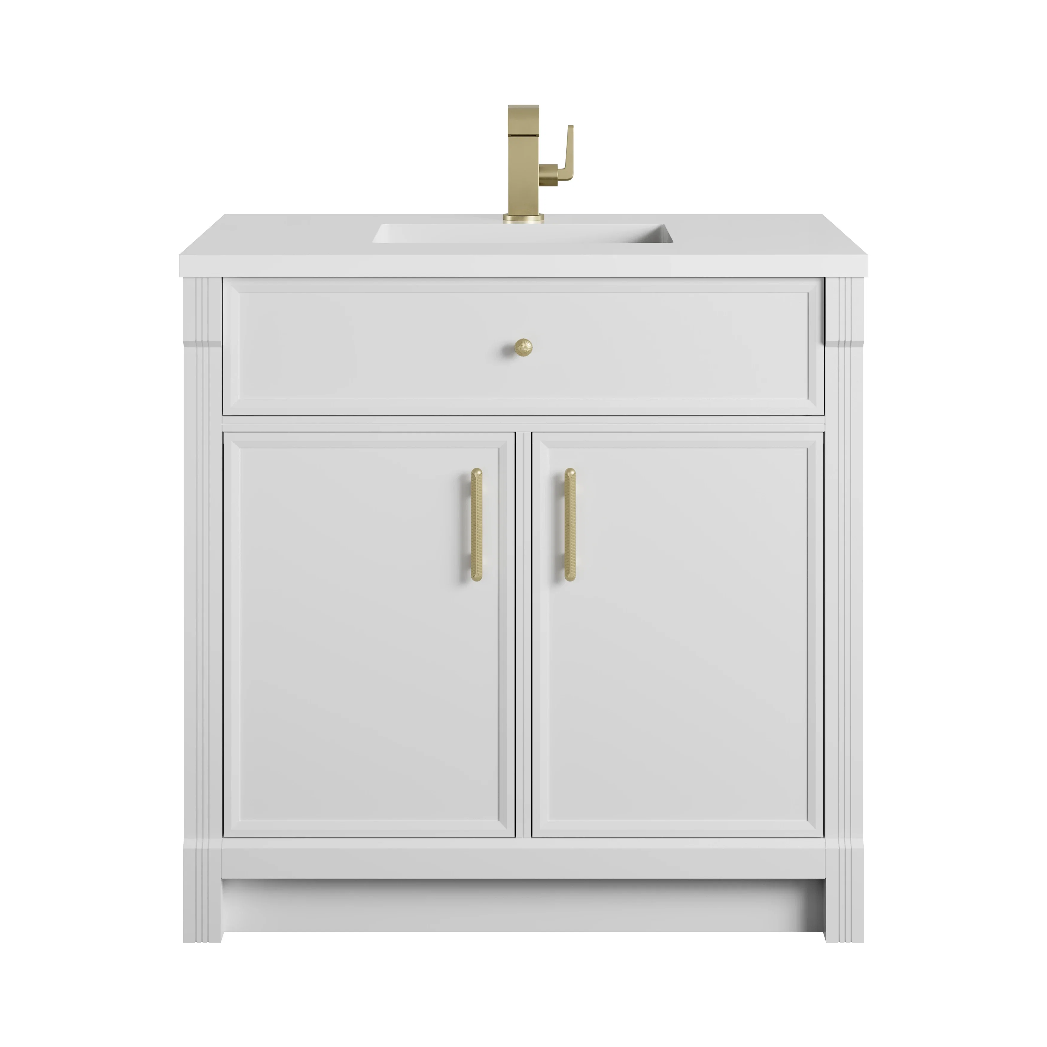 Bellshire 36" Single Vanity, Bright White w/ Single Hole 3 CM White Zeus Silestone Top and Matching Backsplash