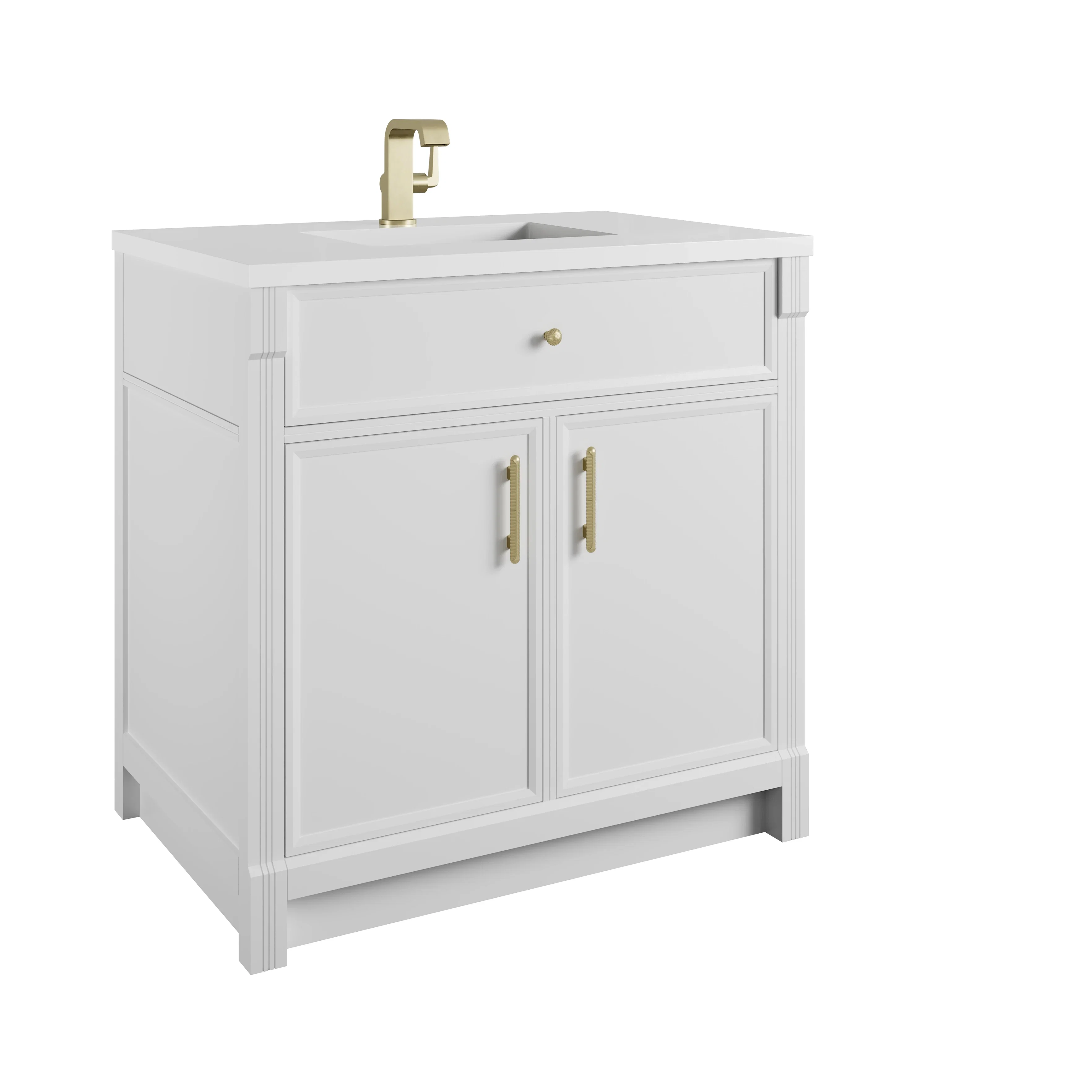 Bellshire 36" Single Vanity, Bright White w/ Single Hole 3 CM White Zeus Silestone Top and Matching Backsplash