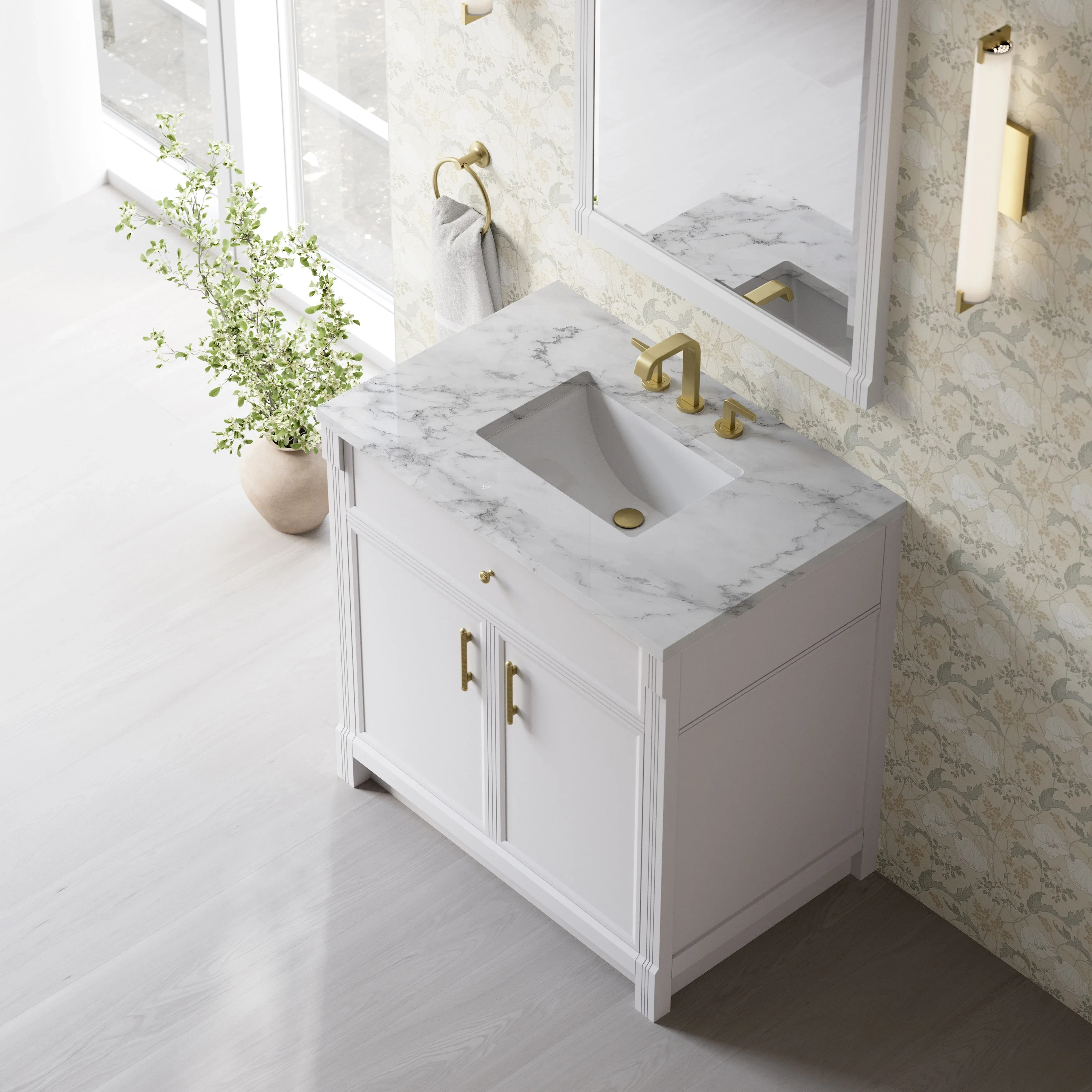 Bellshire 36" Single Vanity, Bright White w/ 3 CM Carrara Marble Top