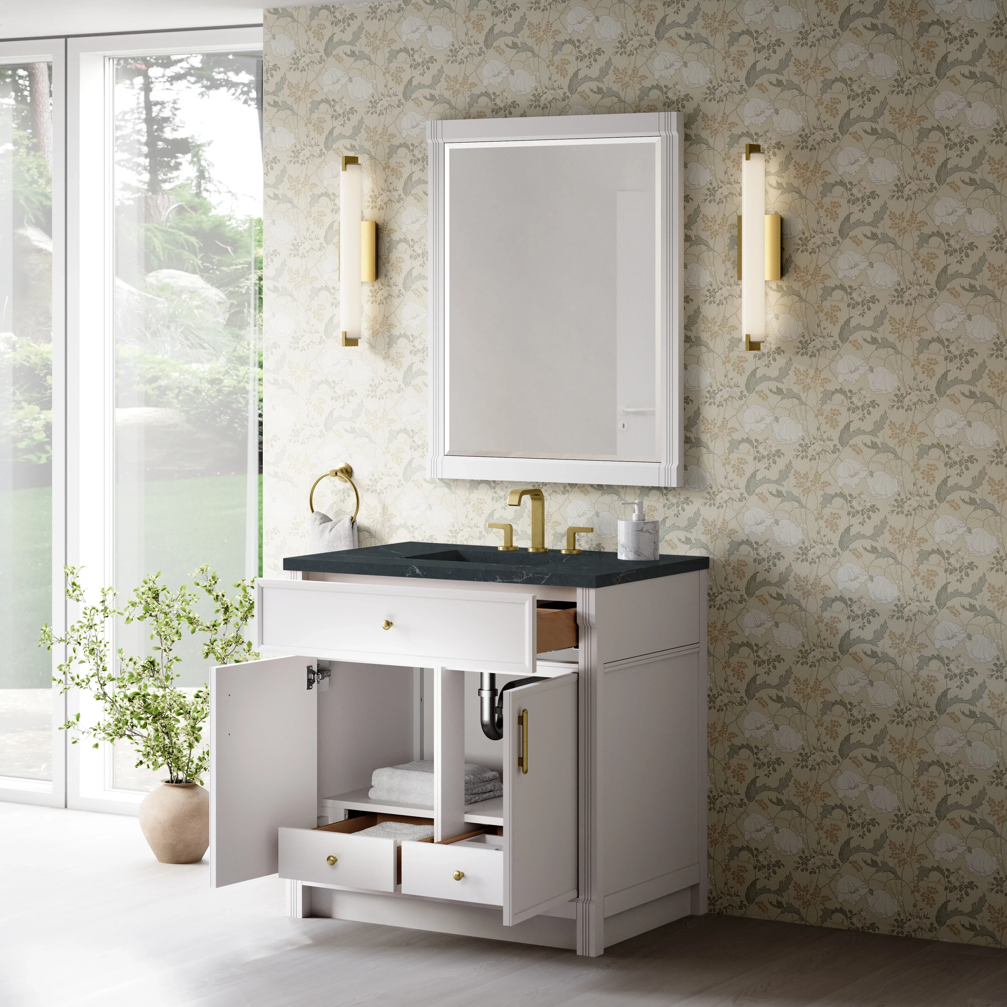Bellshire 36" Single Vanity, Bright White w/ 3 CM Charcoal Soapstone Silestone Top