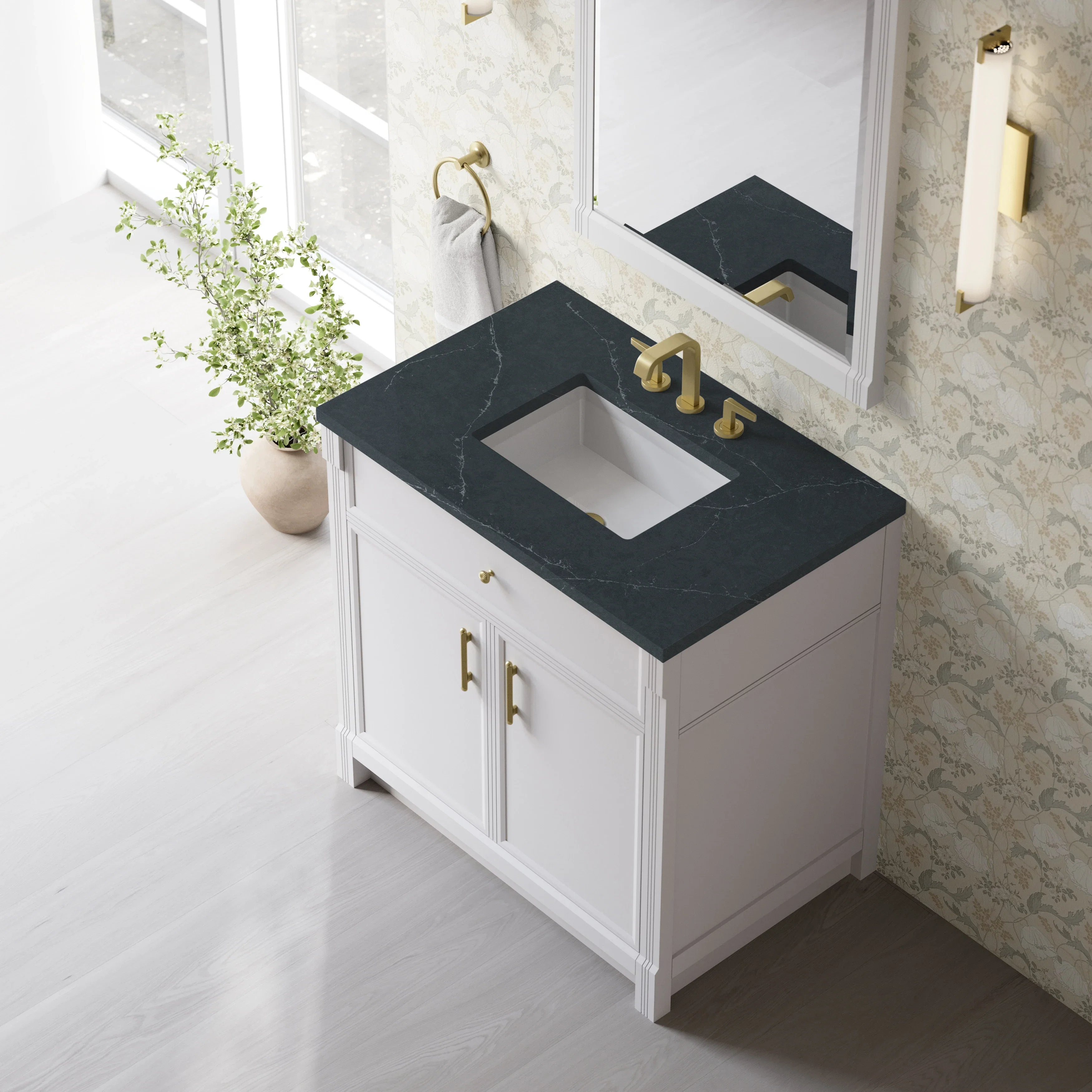 Bellshire 36" Single Vanity, Bright White w/ 3 CM Charcoal Soapstone Silestone Top
