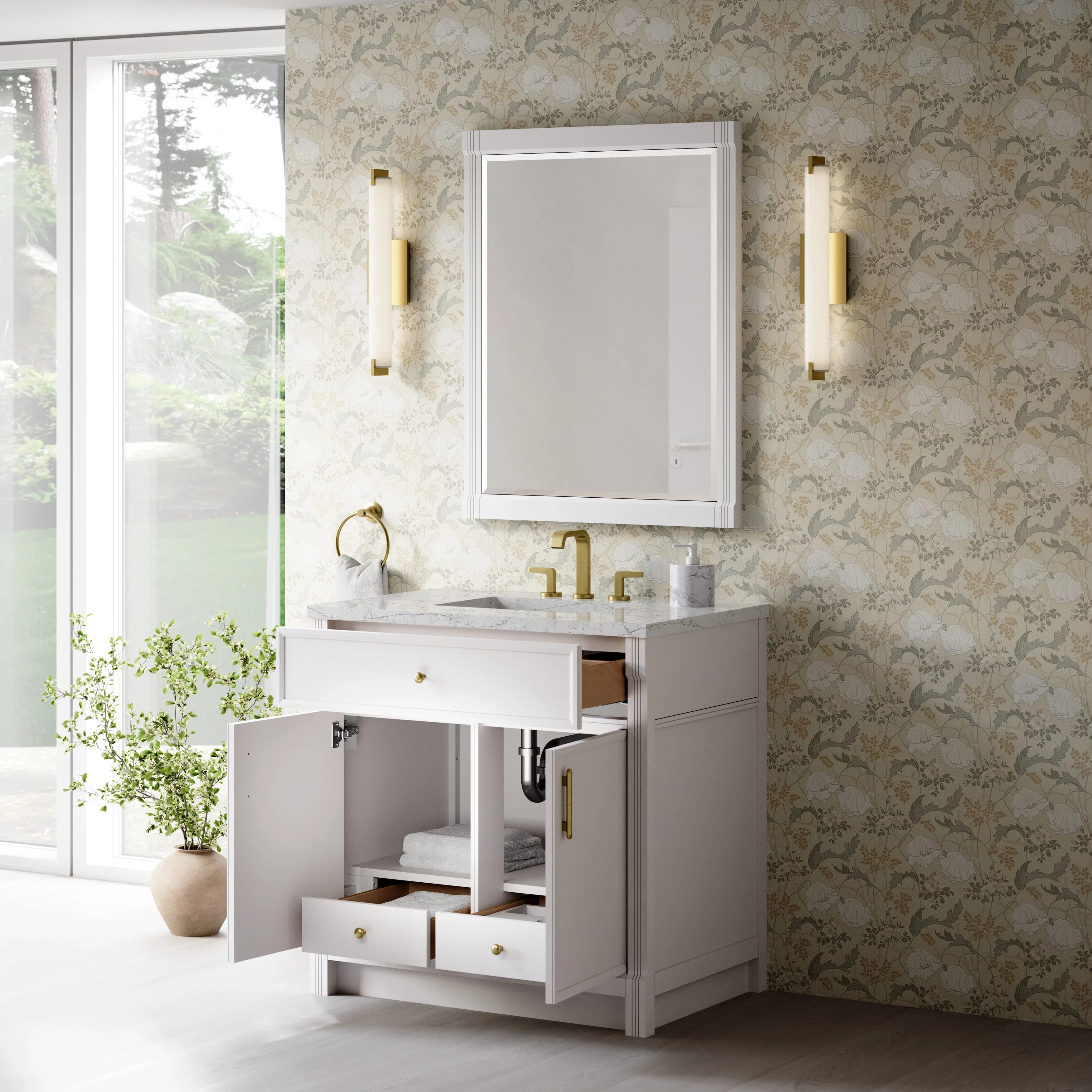 Bellshire 36" Single Vanity, Bright White w/ 3 CM Eternal Jasmine Pearl Silestone Top