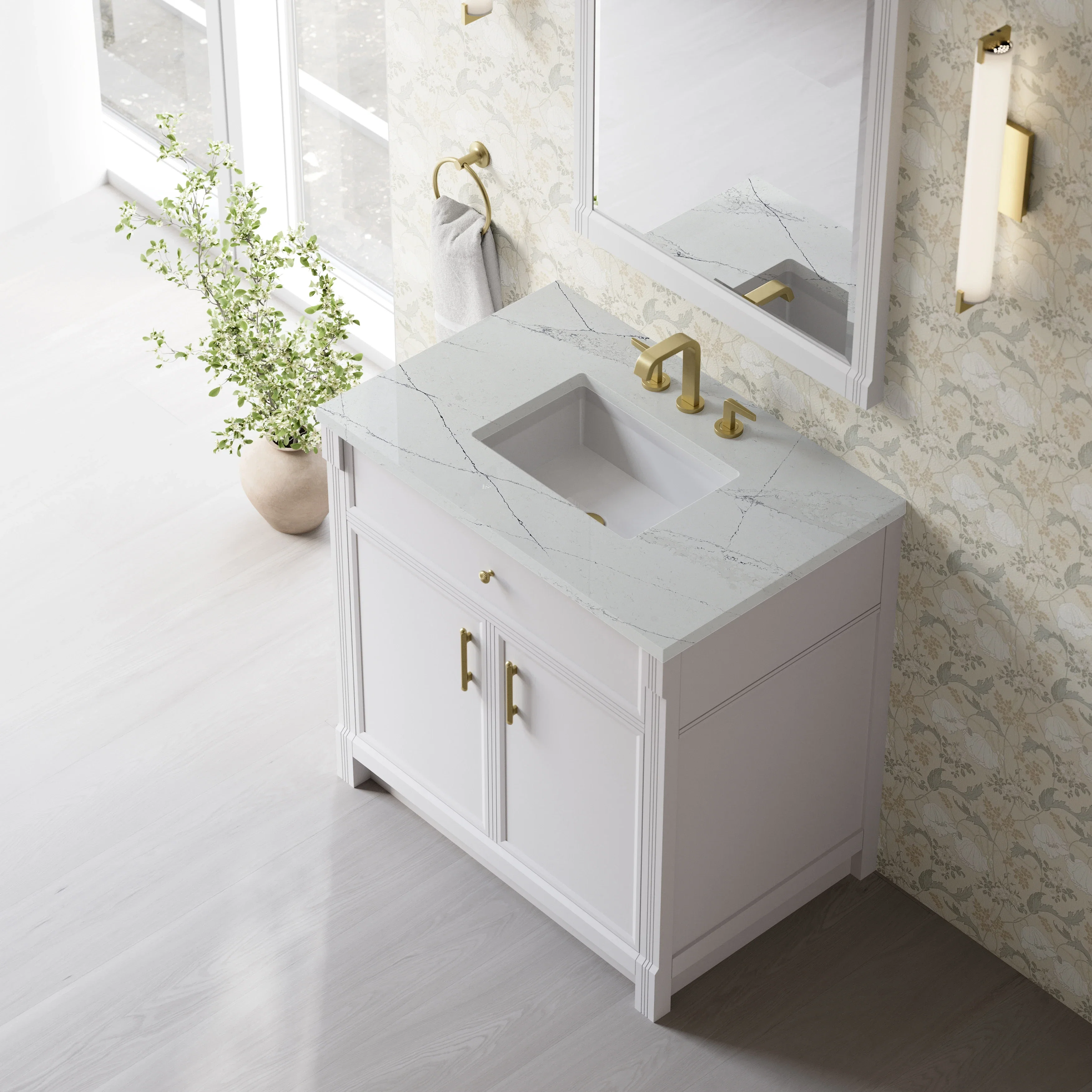 Bellshire 36" Single Vanity, Bright White w/ 3 CM Ethereal Noctis Silestone Top