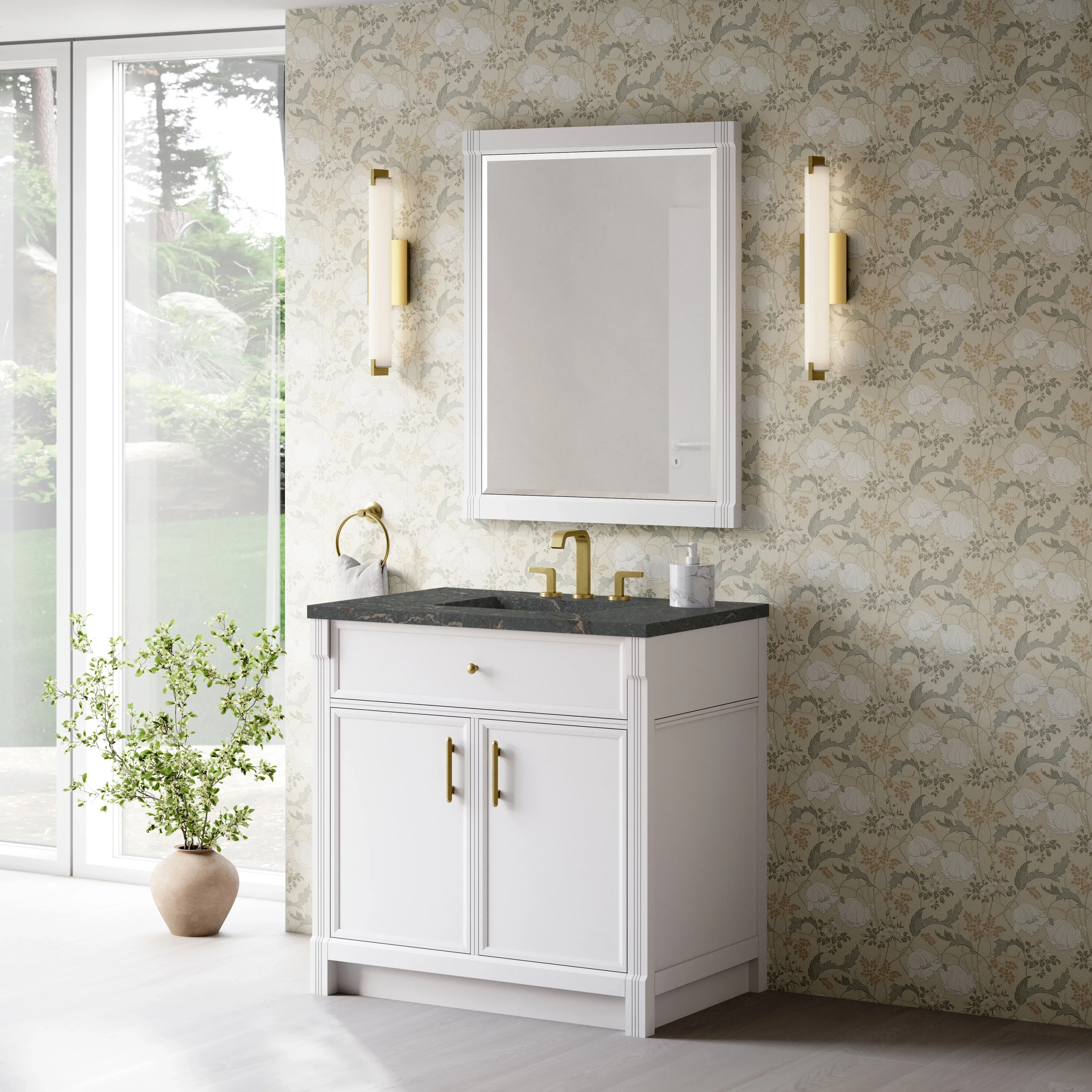 Bellshire 36" Single Vanity, Bright White w/ 3 CM Parisien Bleu Silestone Top