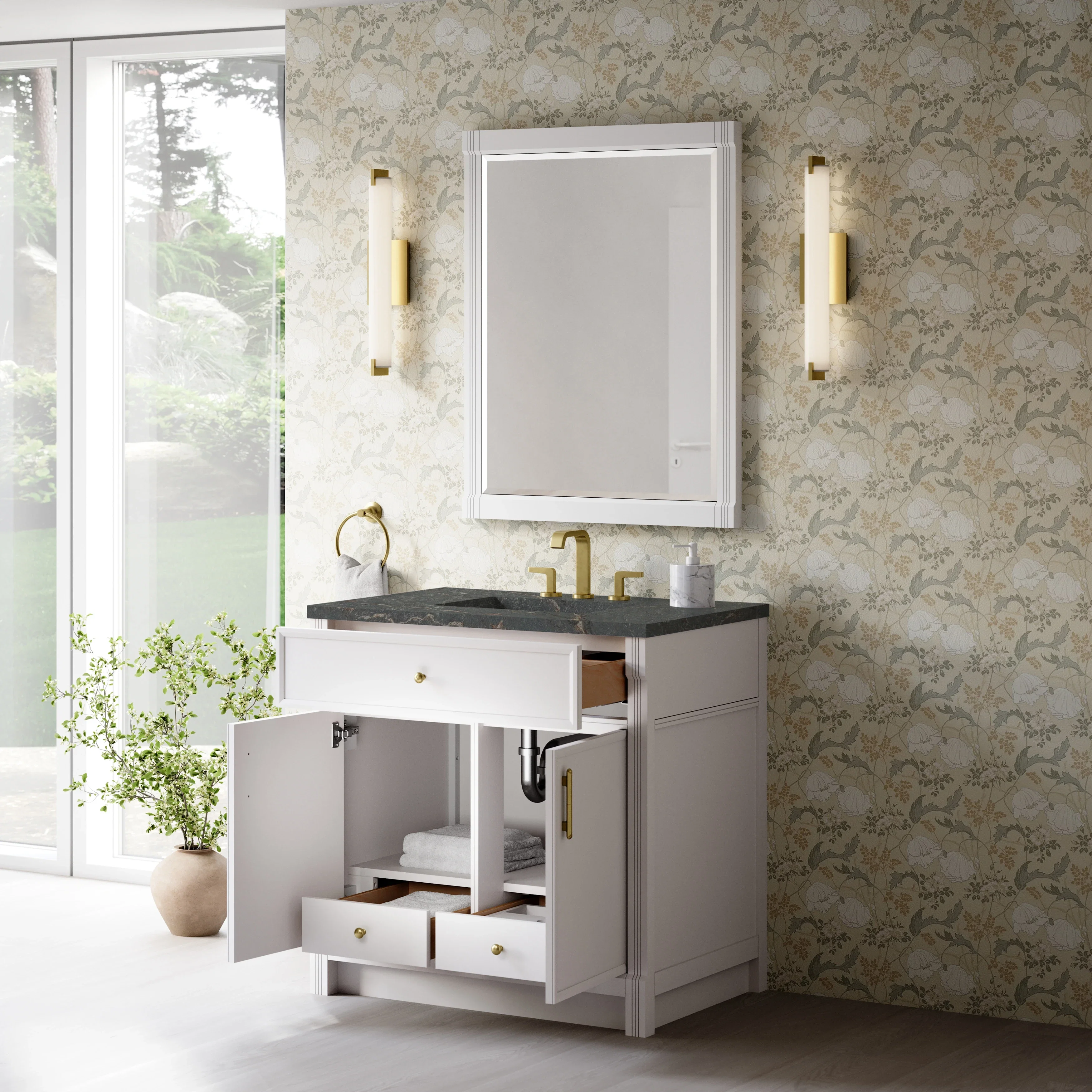 Bellshire 36" Single Vanity, Bright White w/ 3 CM Parisien Bleu Silestone Top