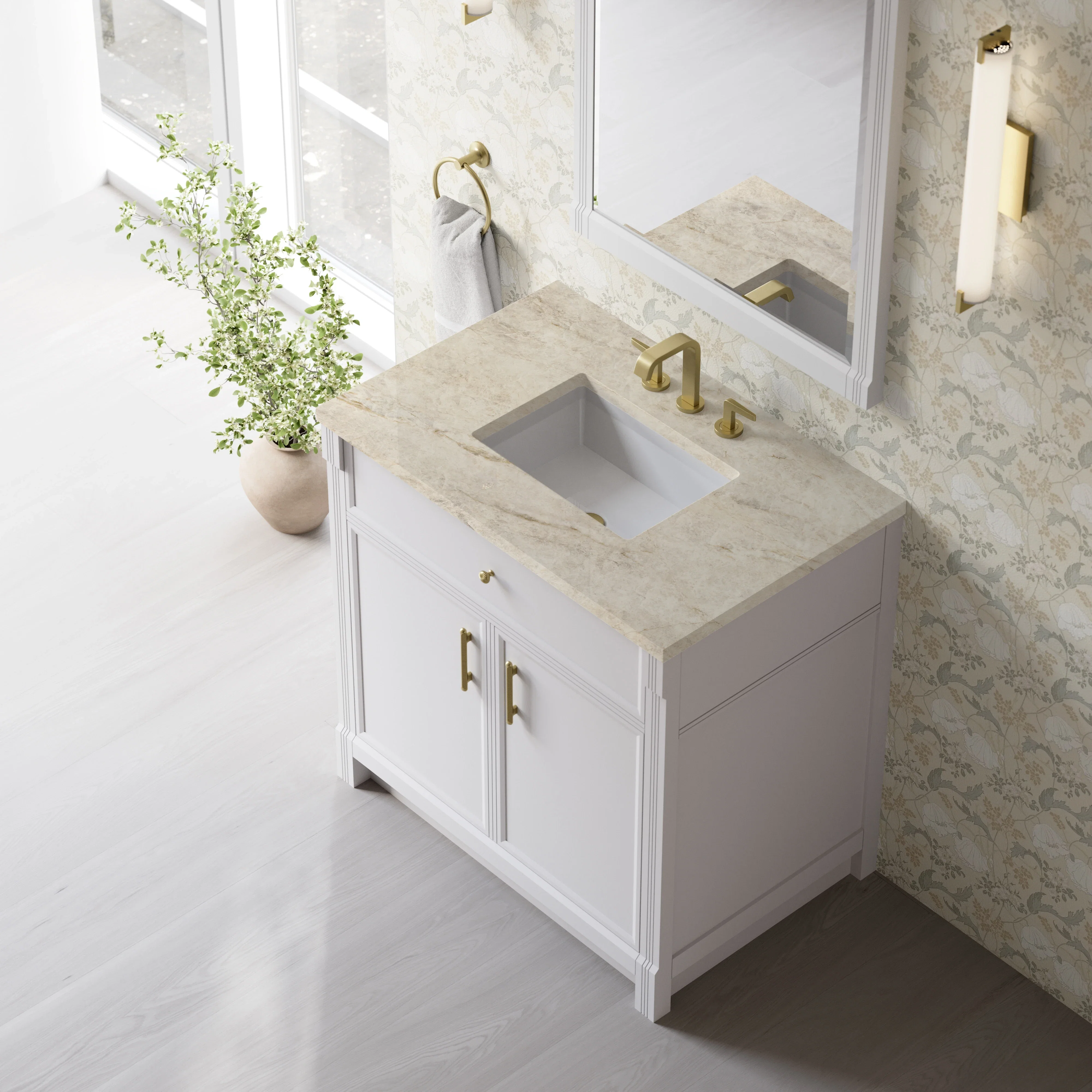 Bellshire 36" Single Vanity, Bright White w/ 3 CM Tajnar Eclos Top