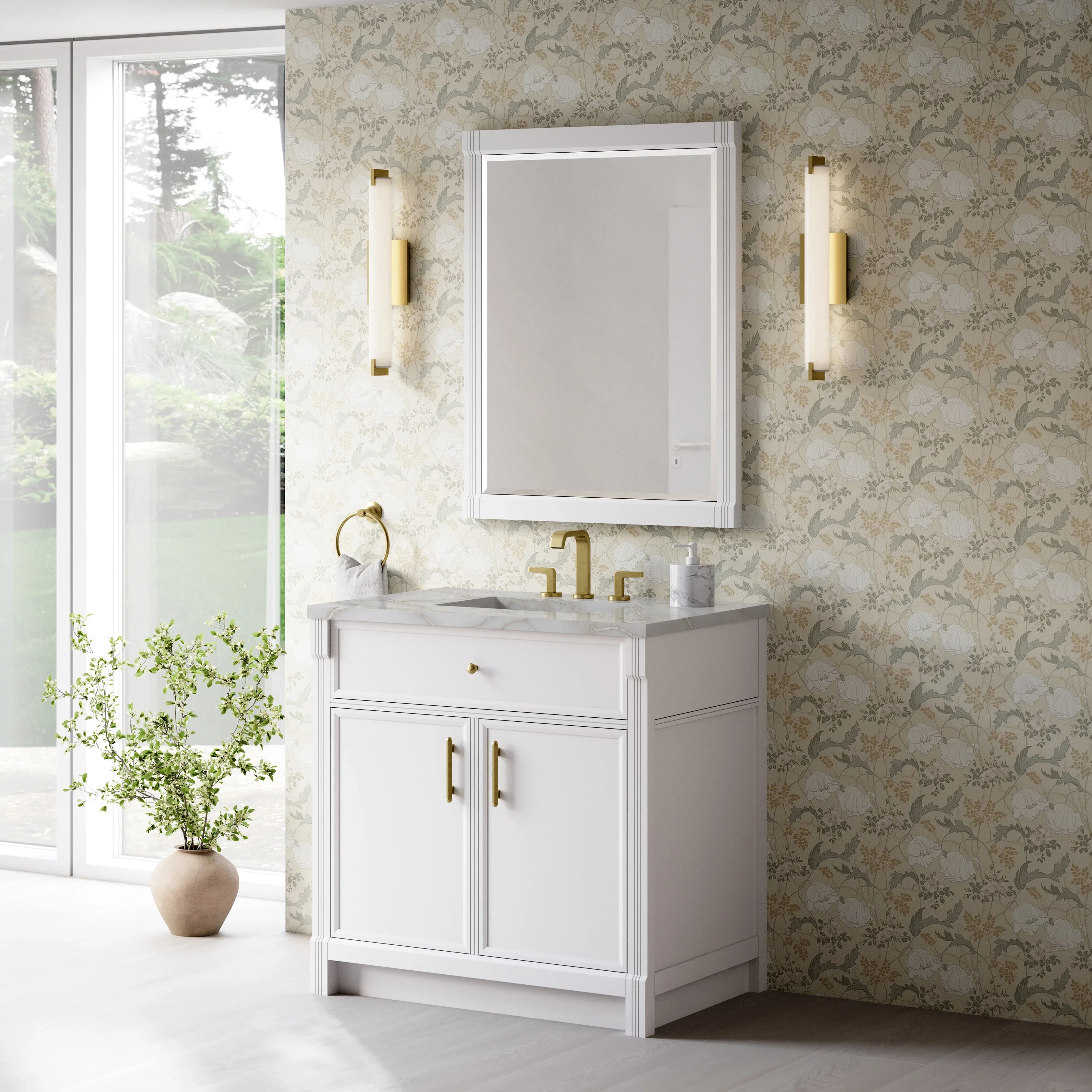 Bellshire 36" Single Vanity, Bright White w/ 3 CM Victorian Silver Silestone Top