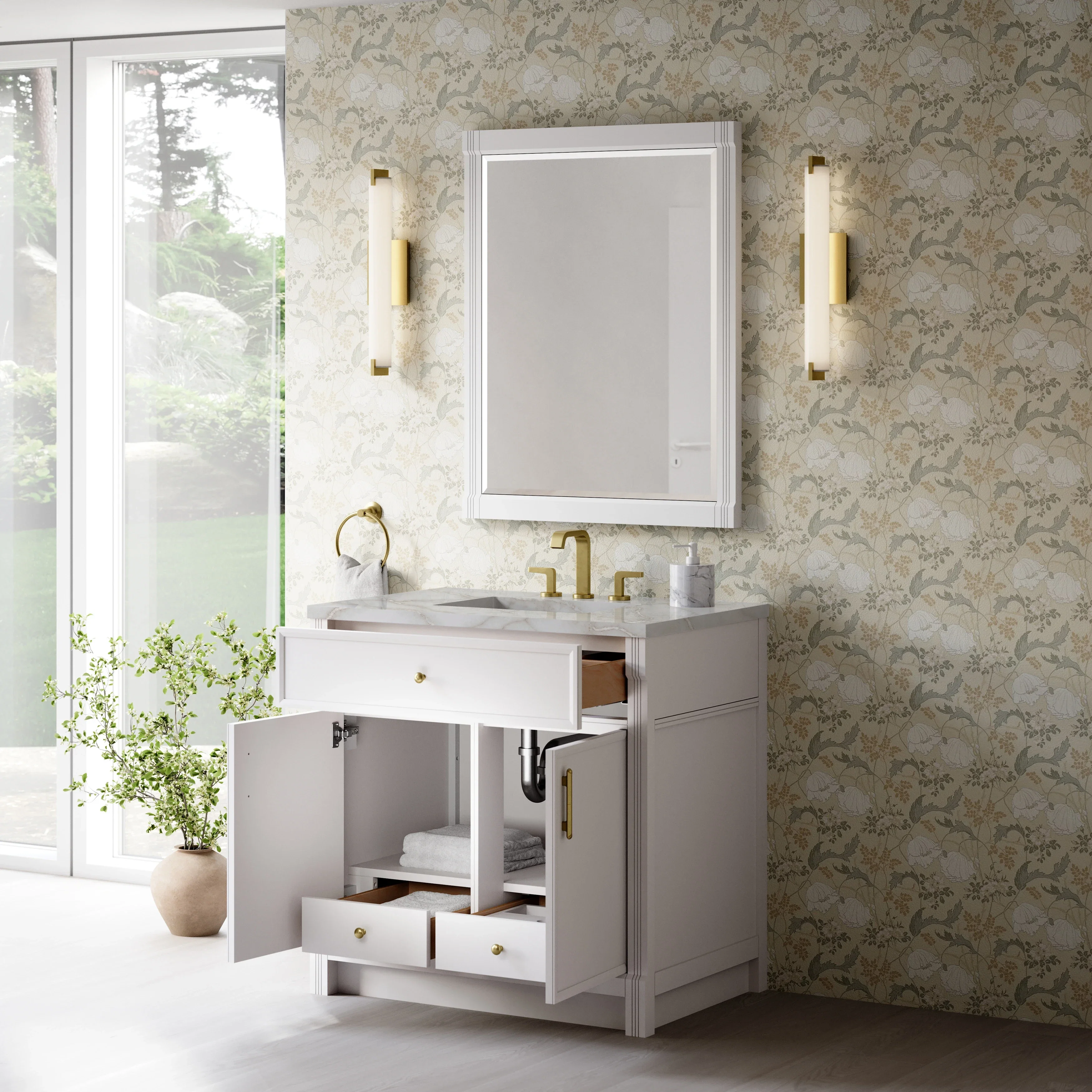 Bellshire 36" Single Vanity, Bright White w/ 3 CM Victorian Silver Silestone Top