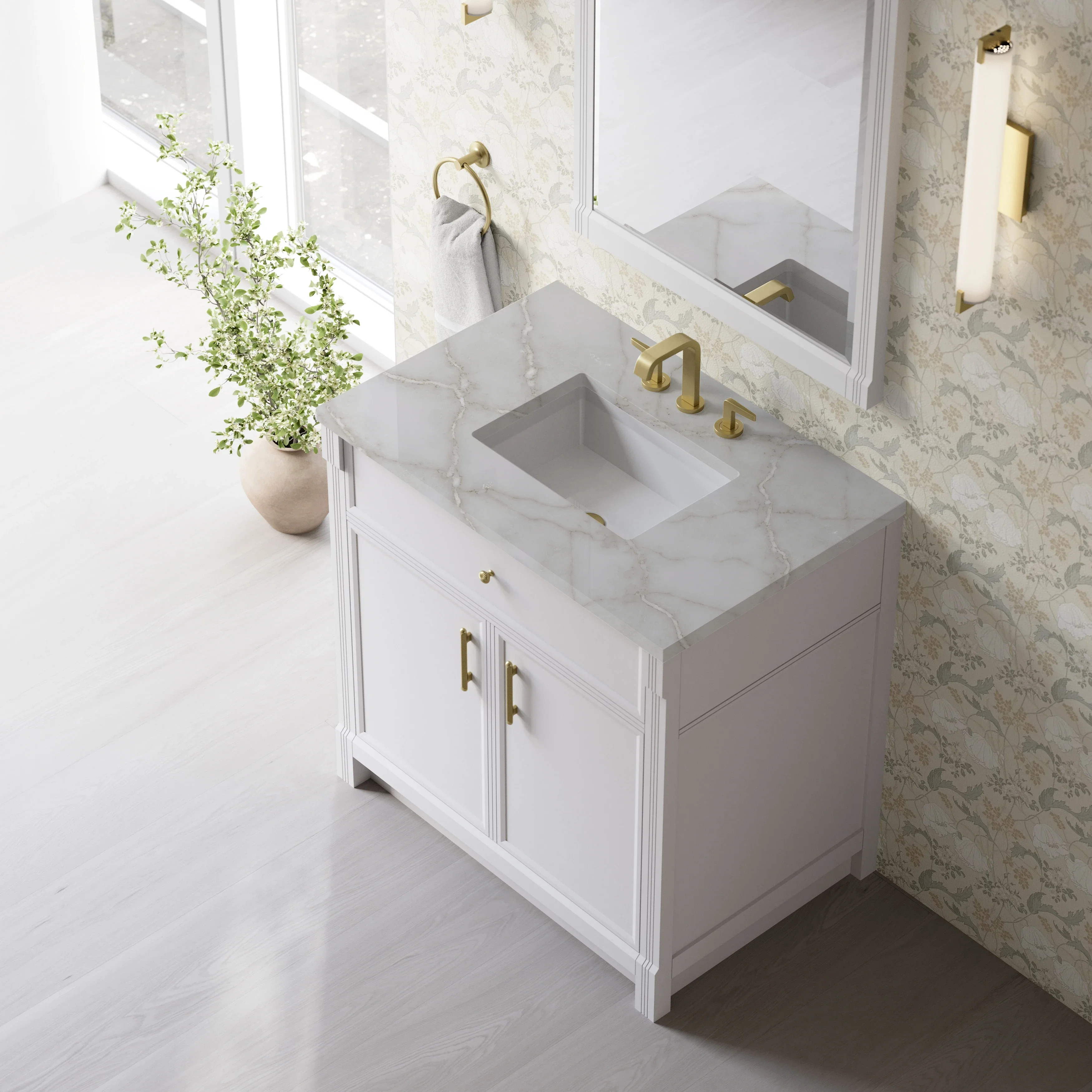Bellshire 36" Single Vanity, Bright White w/ 3 CM Victorian Silver Silestone Top