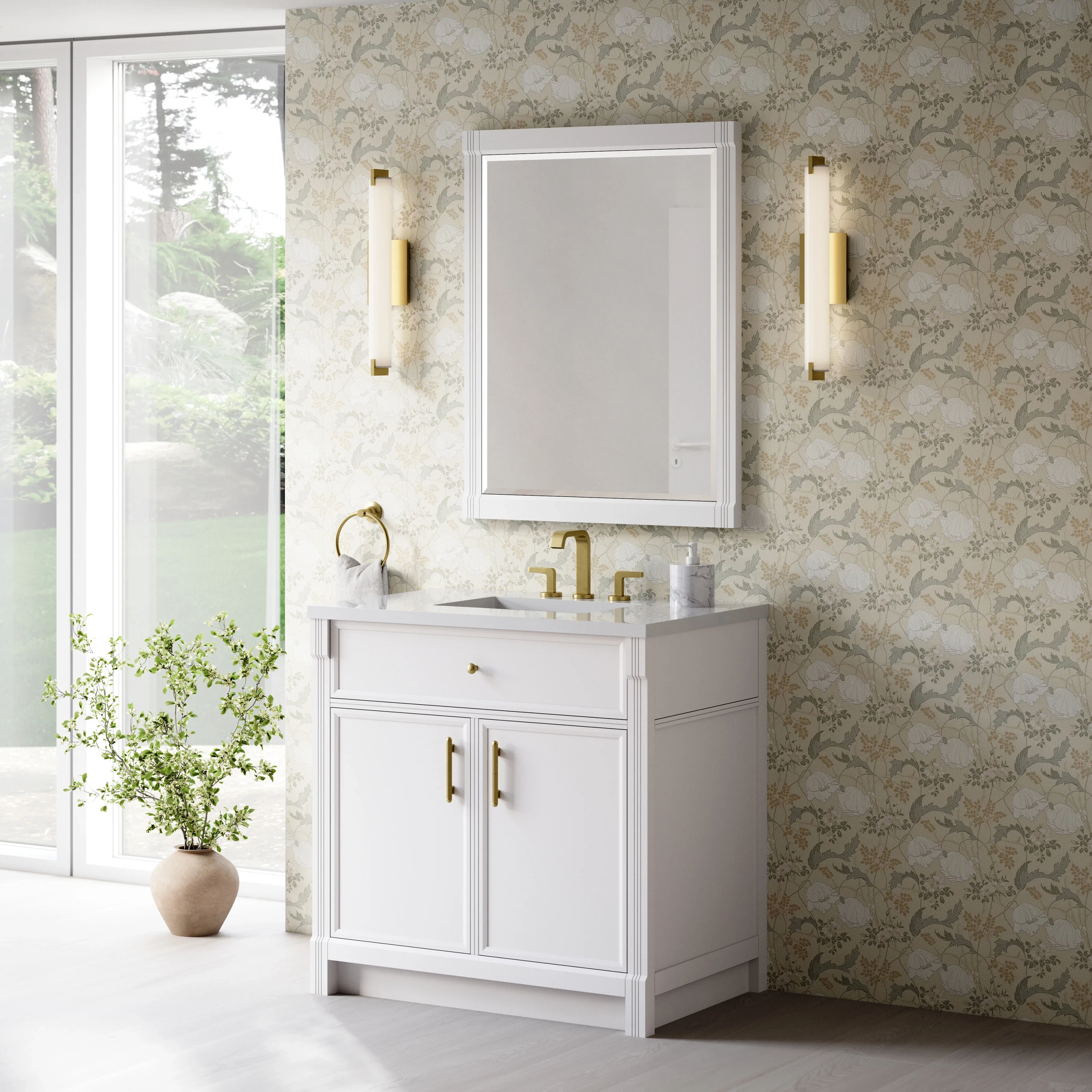 Bellshire 36" Single Vanity, Bright White w/ 3 CM White Zeus Silestone Top