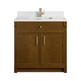 Bellshire 36" Single Vanity, Honey Oak w/ Single Hole 3 CM White Zeus Silestone Top and Matching Backsplash