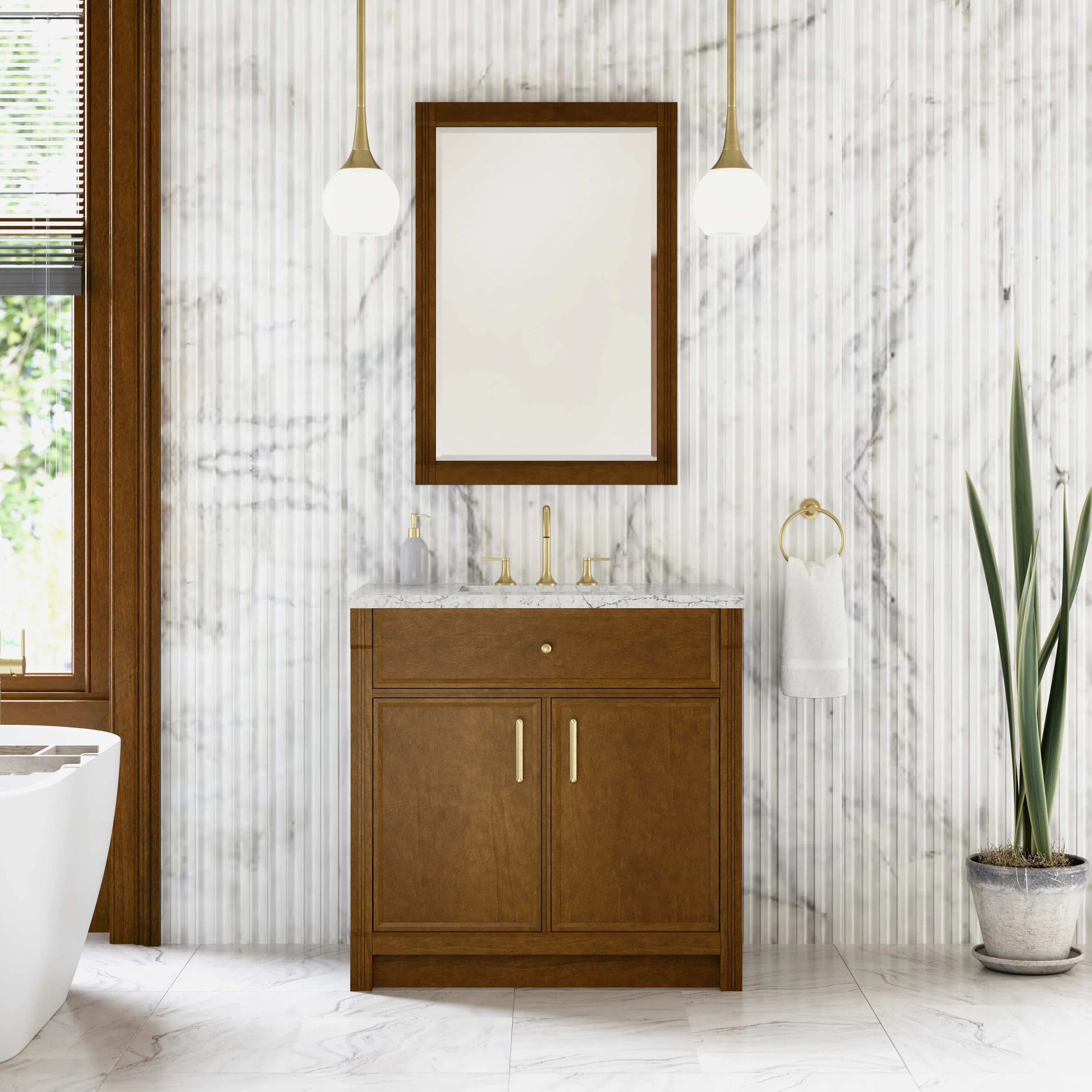 Bellshire 36" Single Vanity, Honey Oak w/ 3 CM Eternal Jasmine Pearl Silestone Top