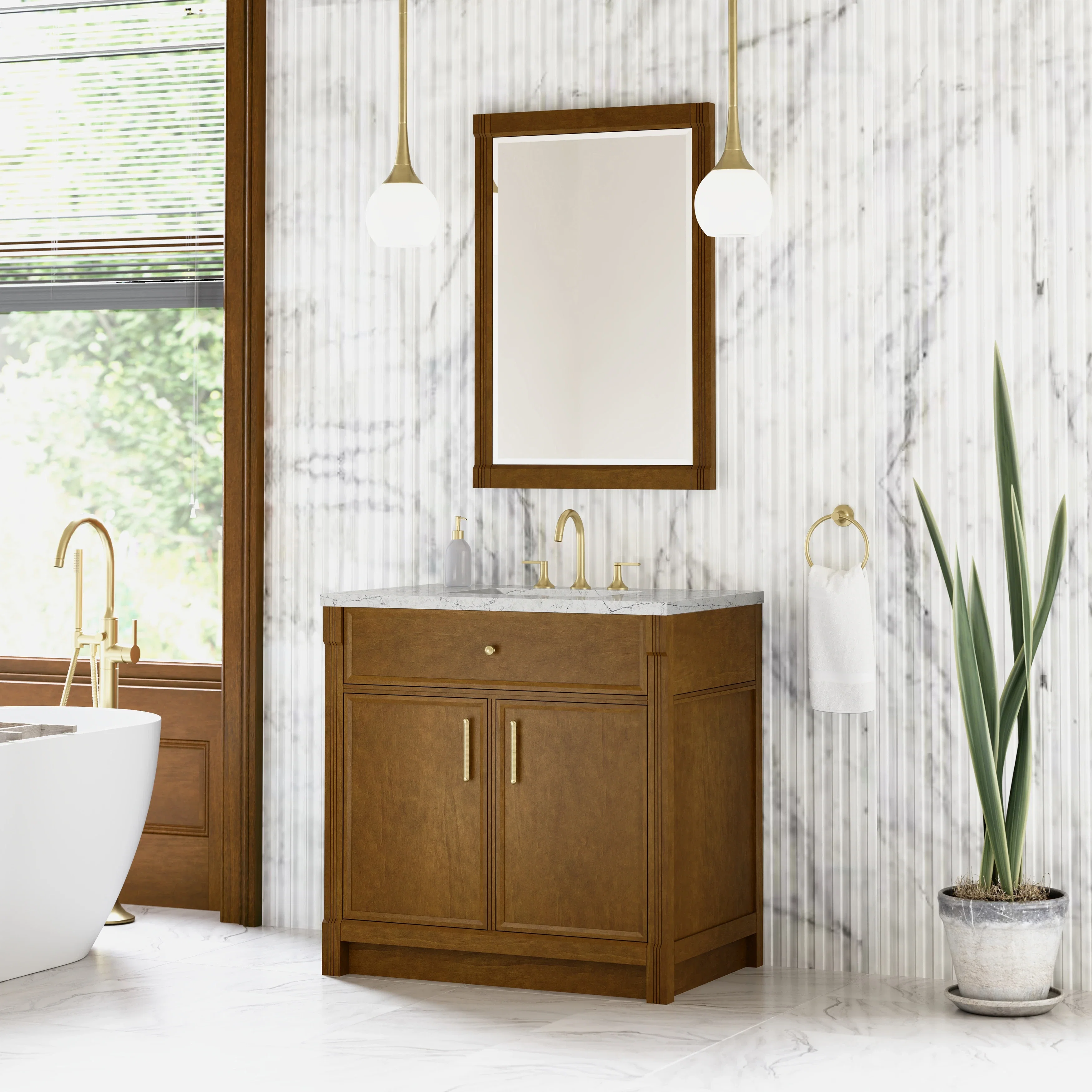 Bellshire 36" Single Vanity, Honey Oak w/ 3 CM Eternal Jasmine Pearl Silestone Top
