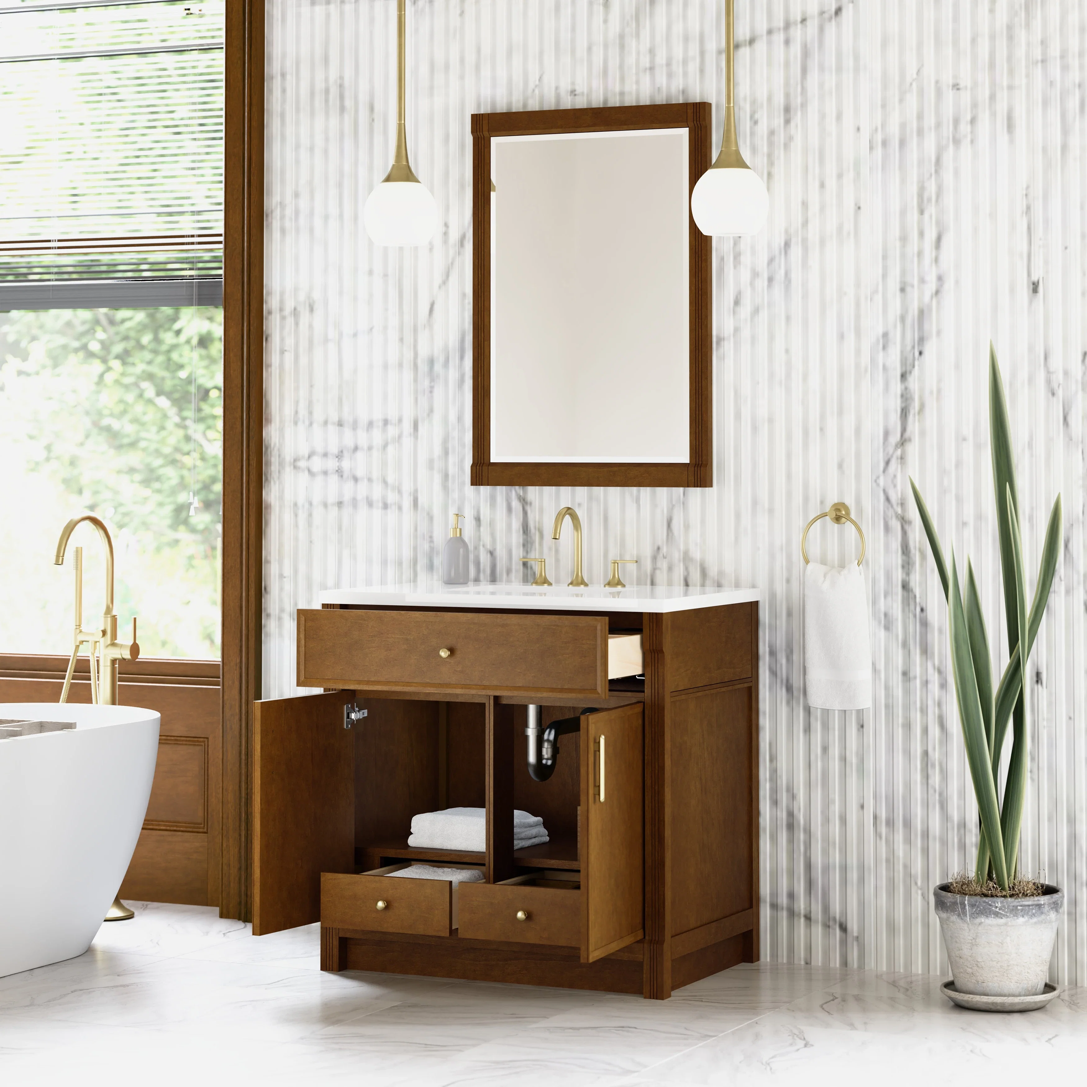 Bellshire 36" Single Vanity, Honey Oak w/ 3 CM White Zeus Silestone Top