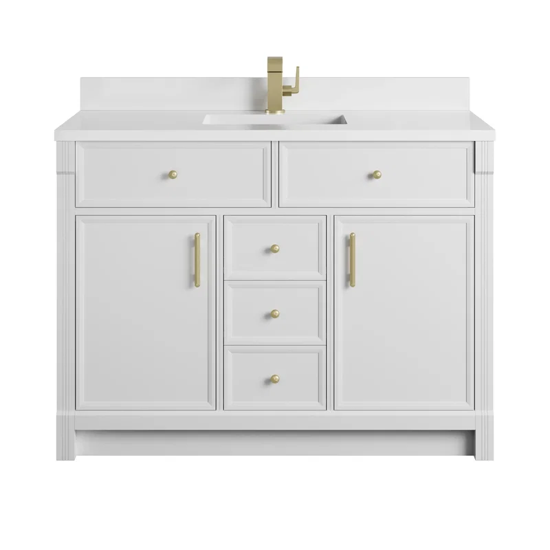 Bellshire 48" Single Vanity, Bright White w/ Single Hole 3 CM White Zeus Silestone Top and Matching Backsplash
