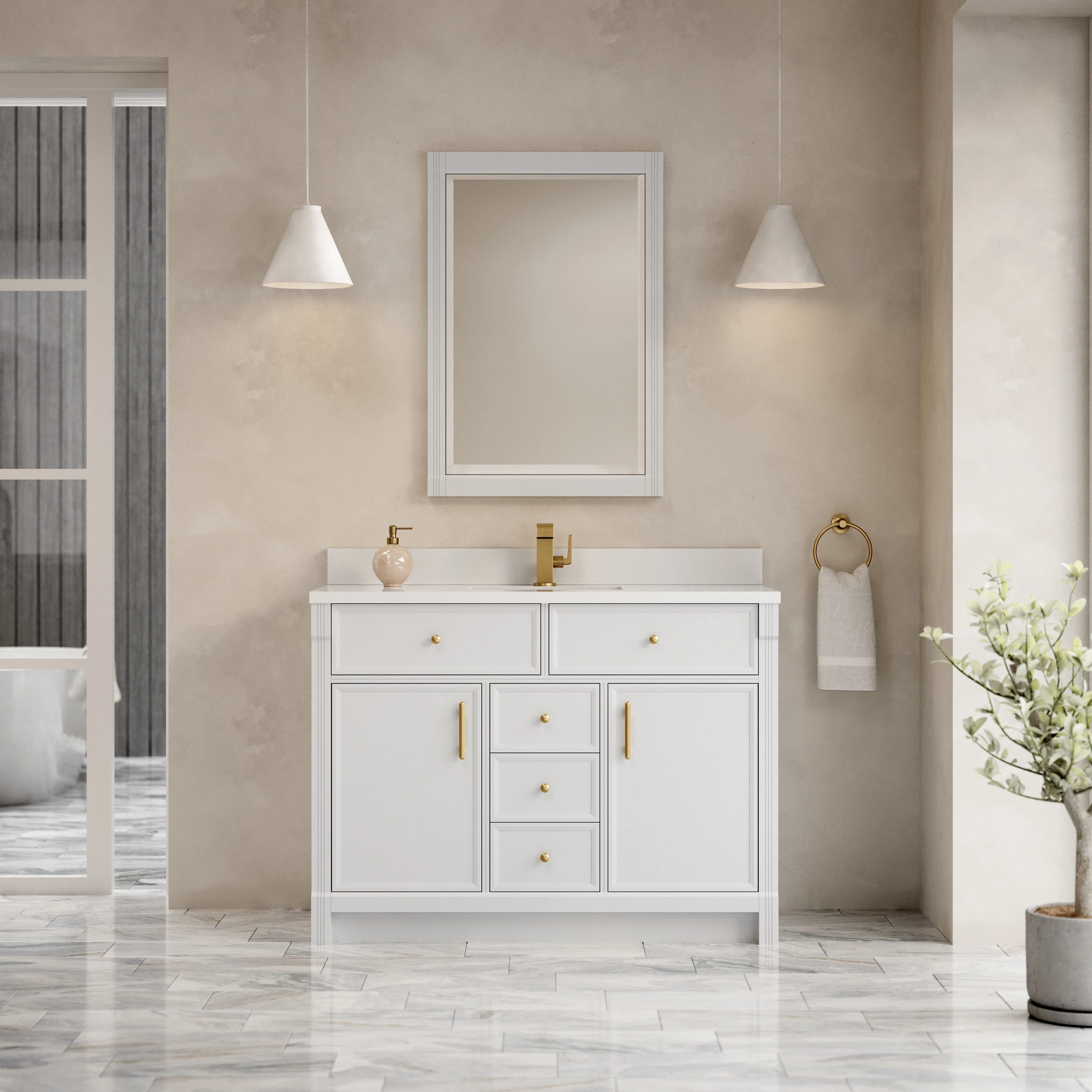 Bellshire 48" Single Vanity, Bright White w/ Single Hole 3 CM White Zeus Silestone Top and Matching Backsplash