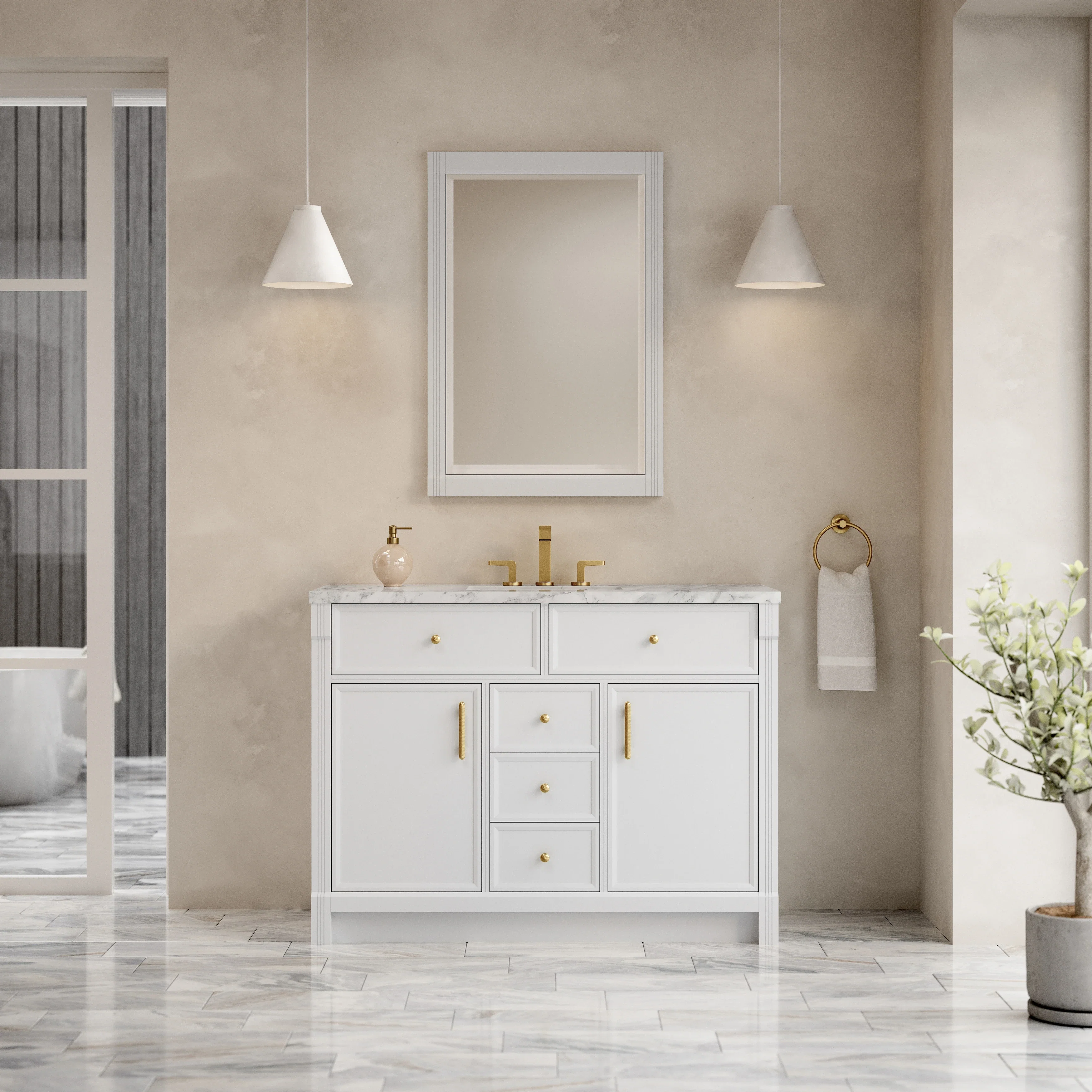 Bellshire 48" Single Vanity, Bright White w/ 3 CM Carrara Marble Top