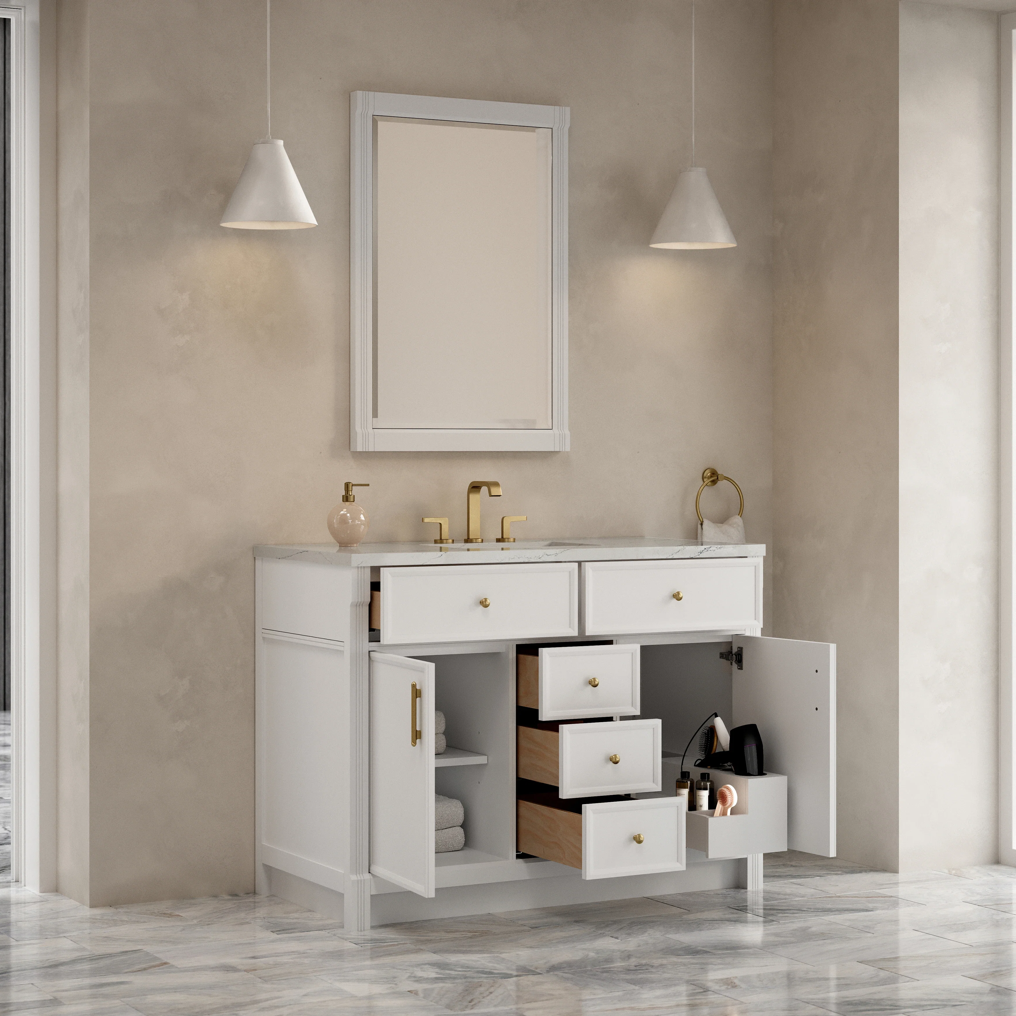Bellshire 48" Single Vanity, Bright White w/ 3 CM Ethereal Noctis Silestone Top