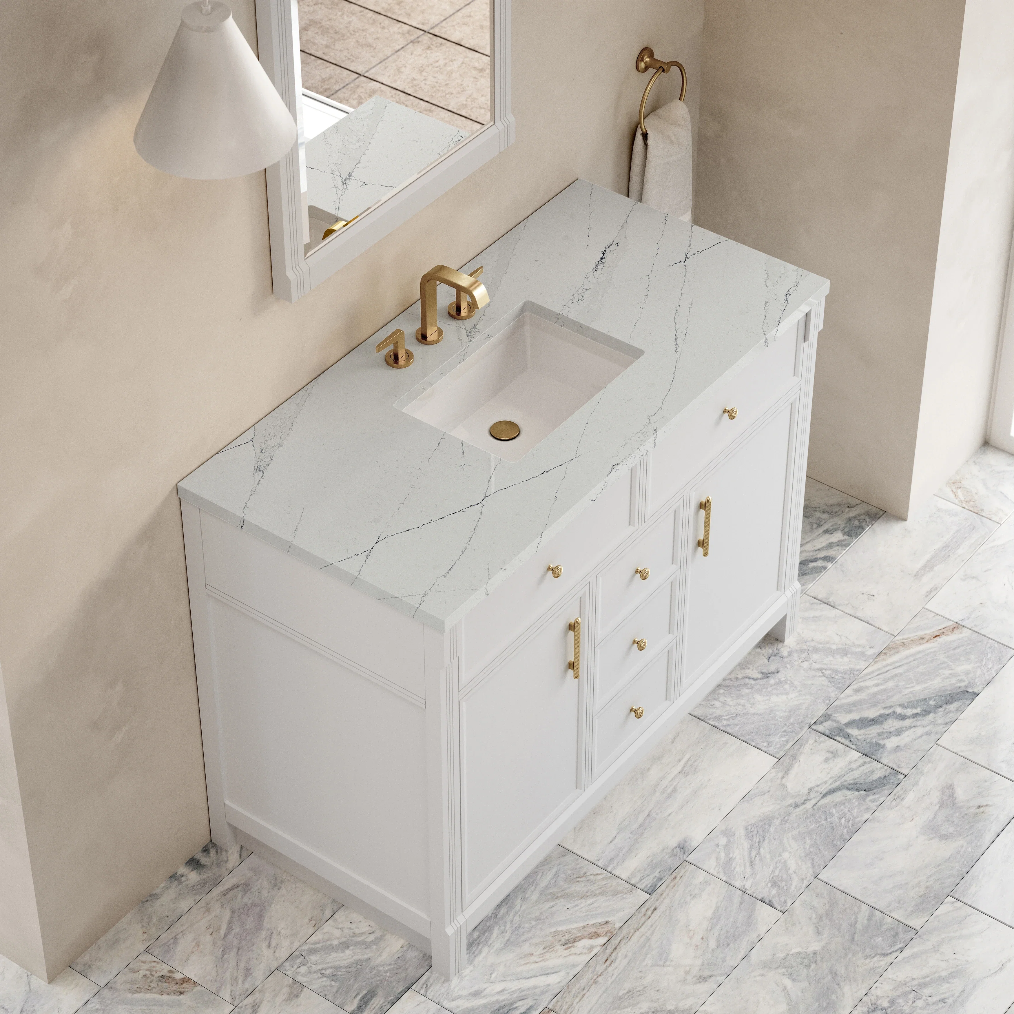 Bellshire 48" Single Vanity, Bright White w/ 3 CM Ethereal Noctis Silestone Top