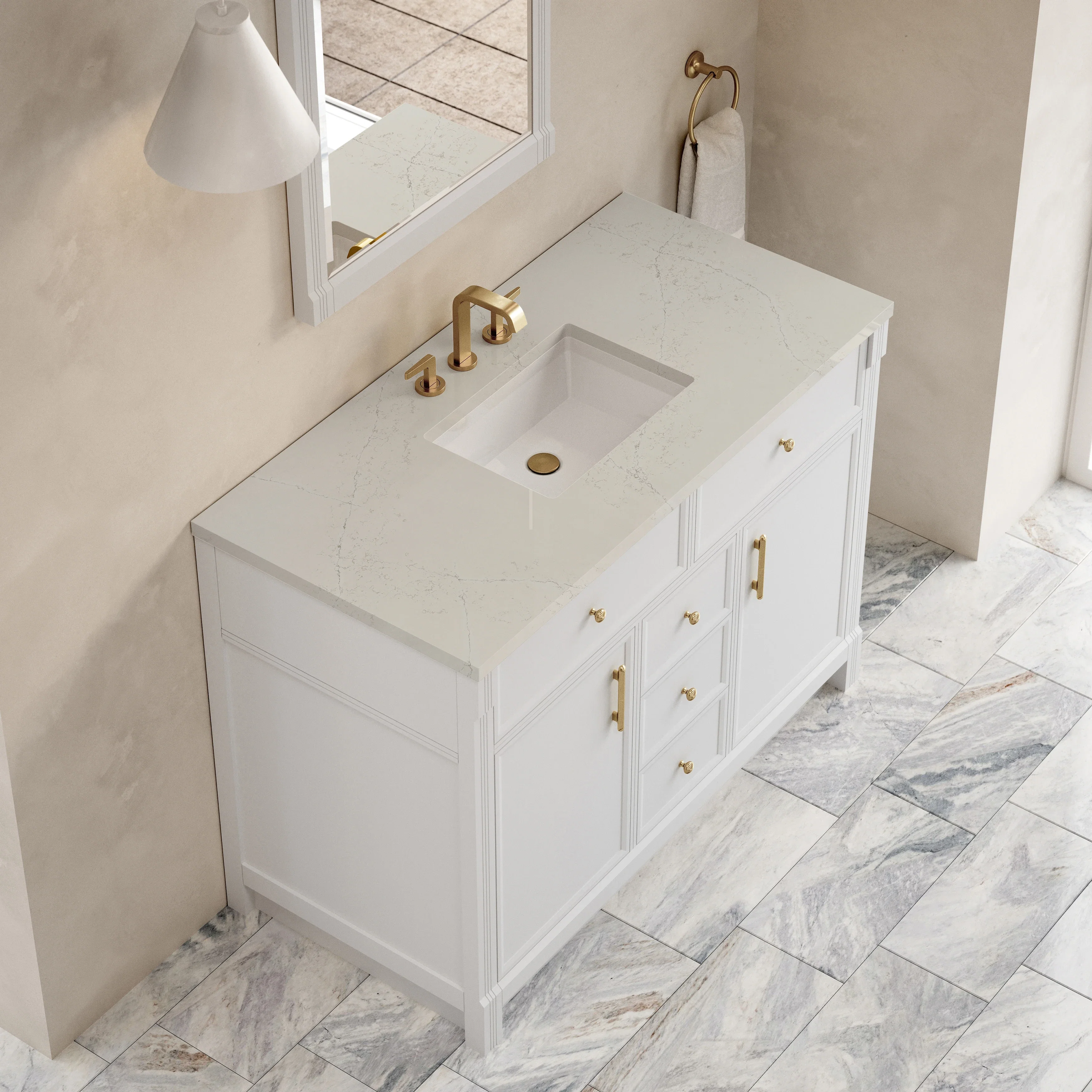 Bellshire 48" Single Vanity, Bright White w/ 3 CM Siberian Silestone Top