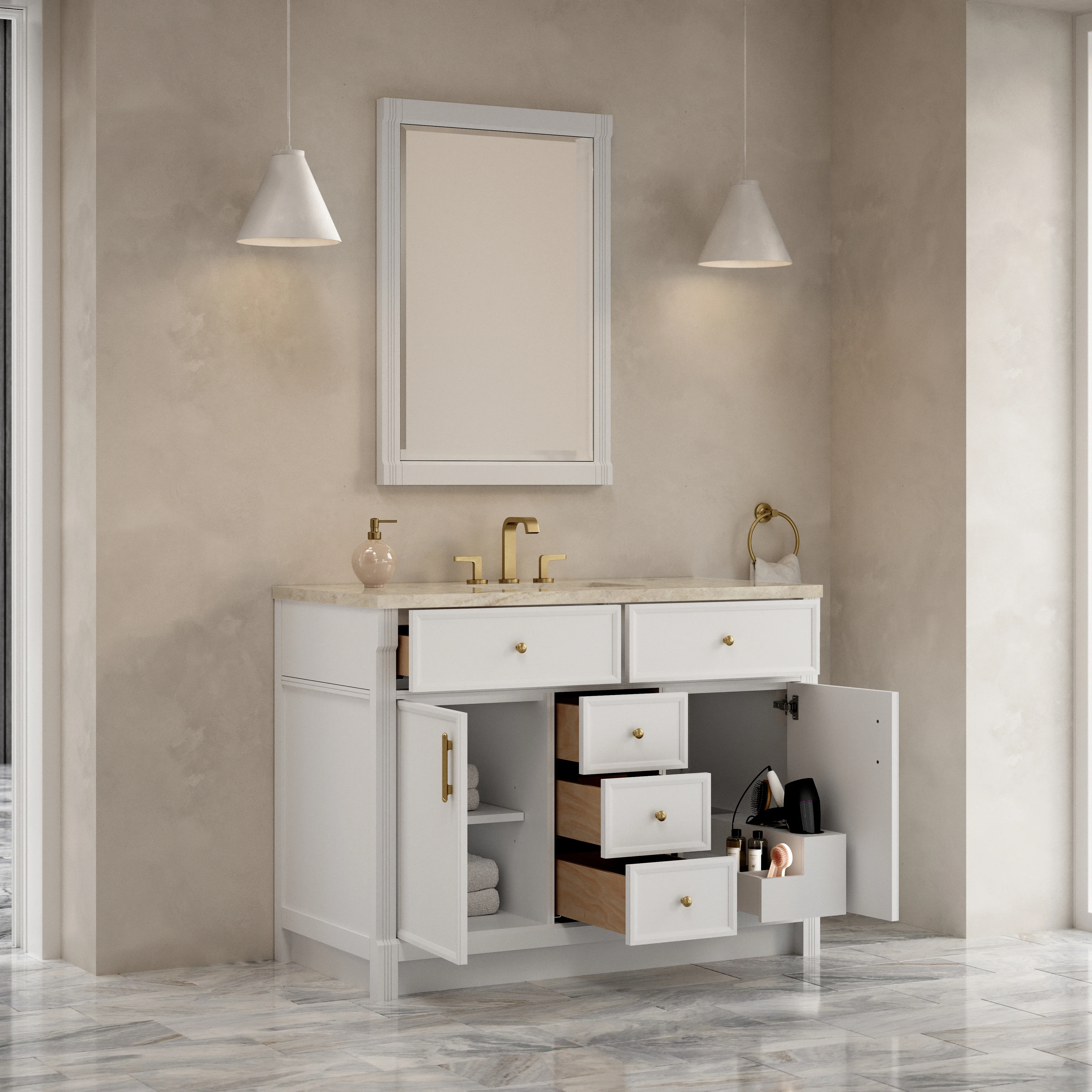 Bellshire 48" Single Vanity, Bright White w/ 3 CM Tajnar Eclos Top