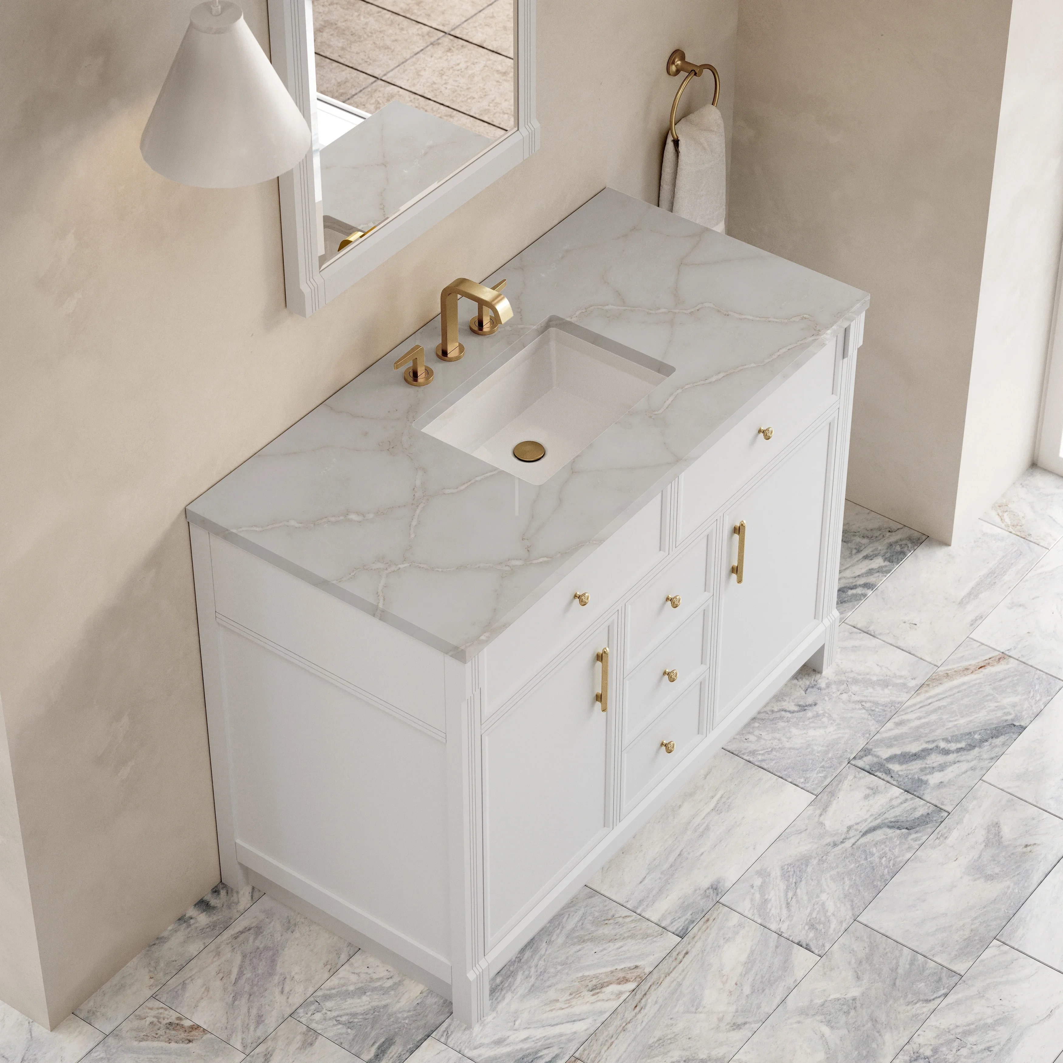 Bellshire 48" Single Vanity, Bright White w/ 3 CM Victorian Silver Silestone Top