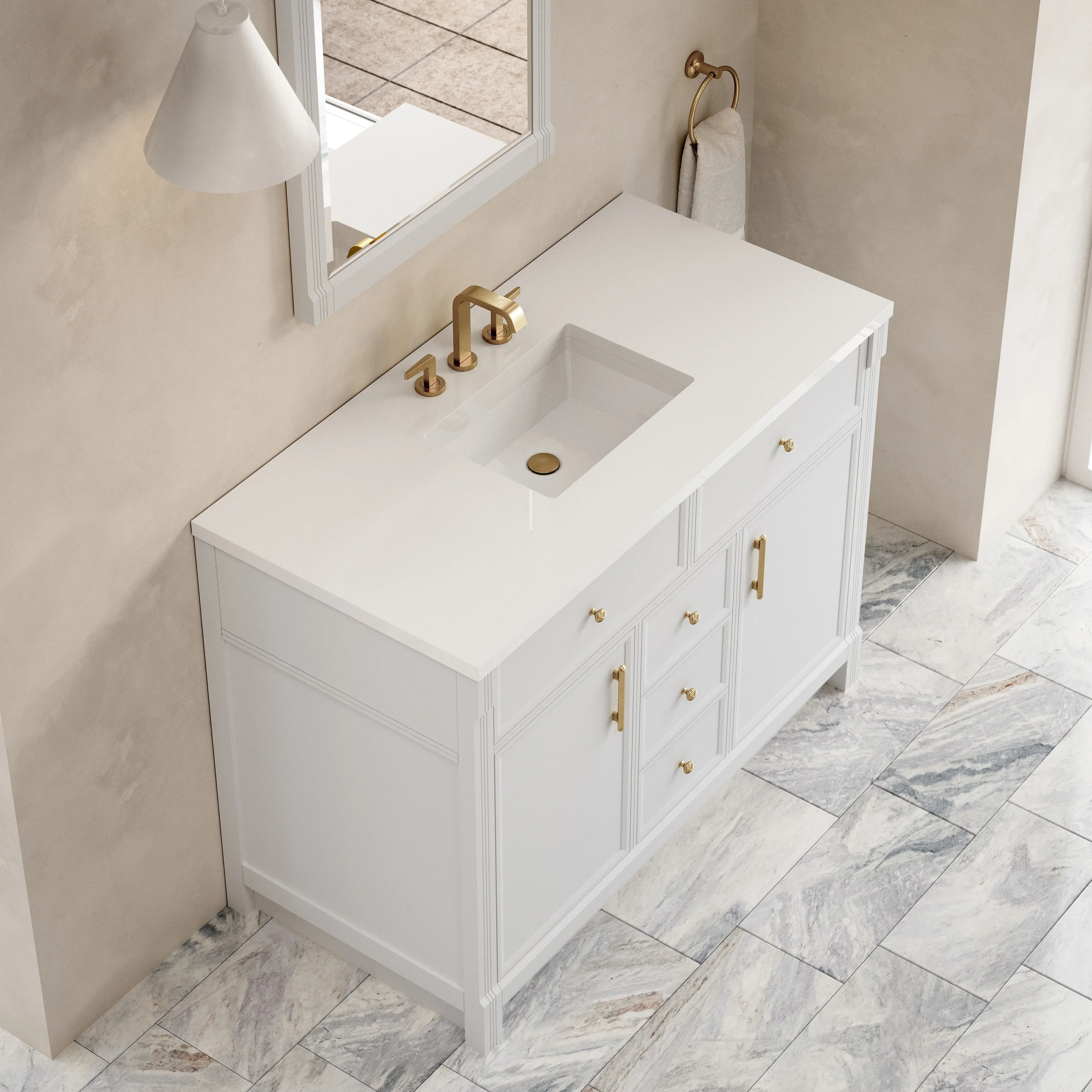 Bellshire 48" Single Vanity, Bright White w/ 3 CM White Zeus Silestone Top