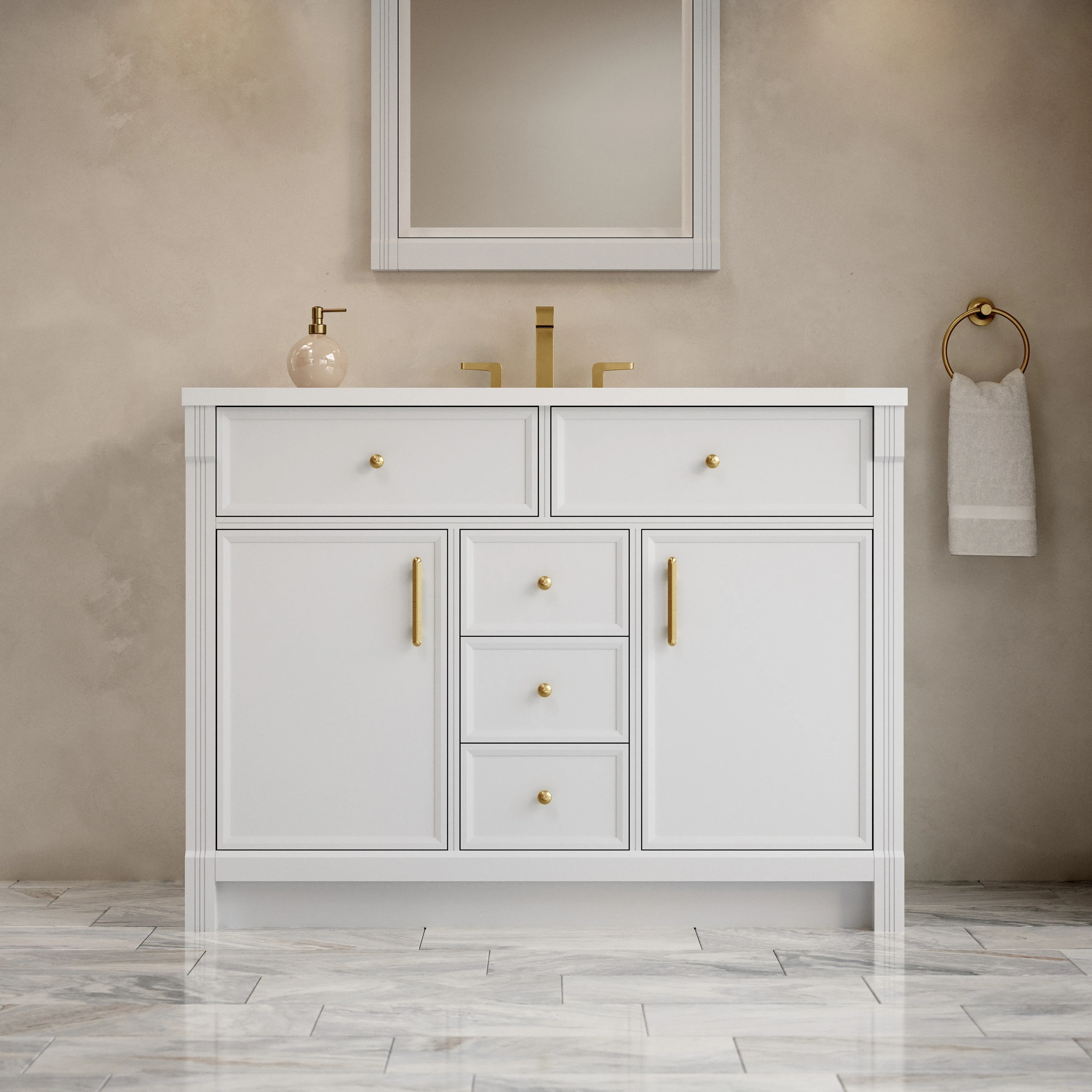 Bellshire 48" Single Vanity, Bright White w/ 3 CM White Zeus Silestone Top