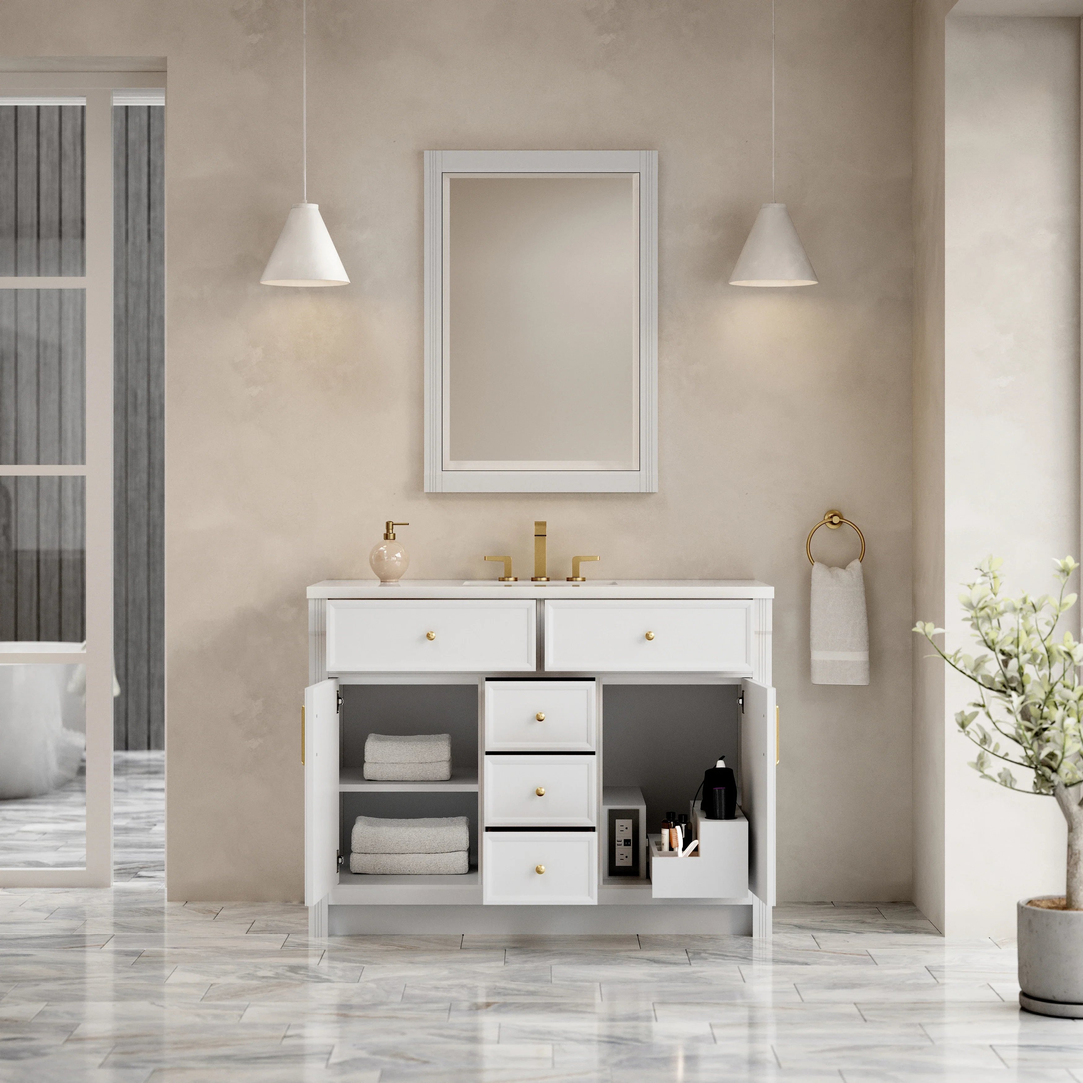 Bellshire 48" Single Vanity, Bright White w/ 3 CM White Zeus Silestone Top