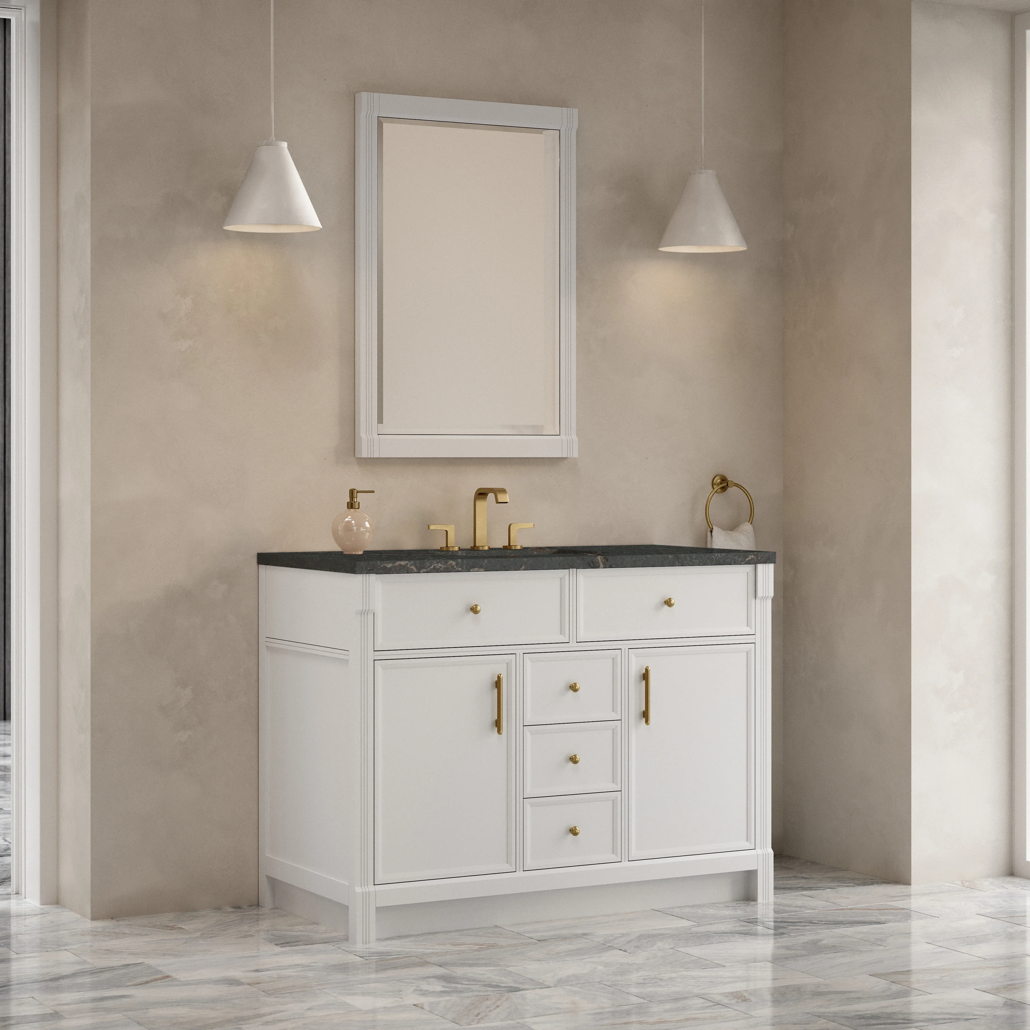 Bellshire 48" Single Vanity, Bright White w/ 3 CM Parisien Bleu Silestone Top w/FreePower Wireless Charger