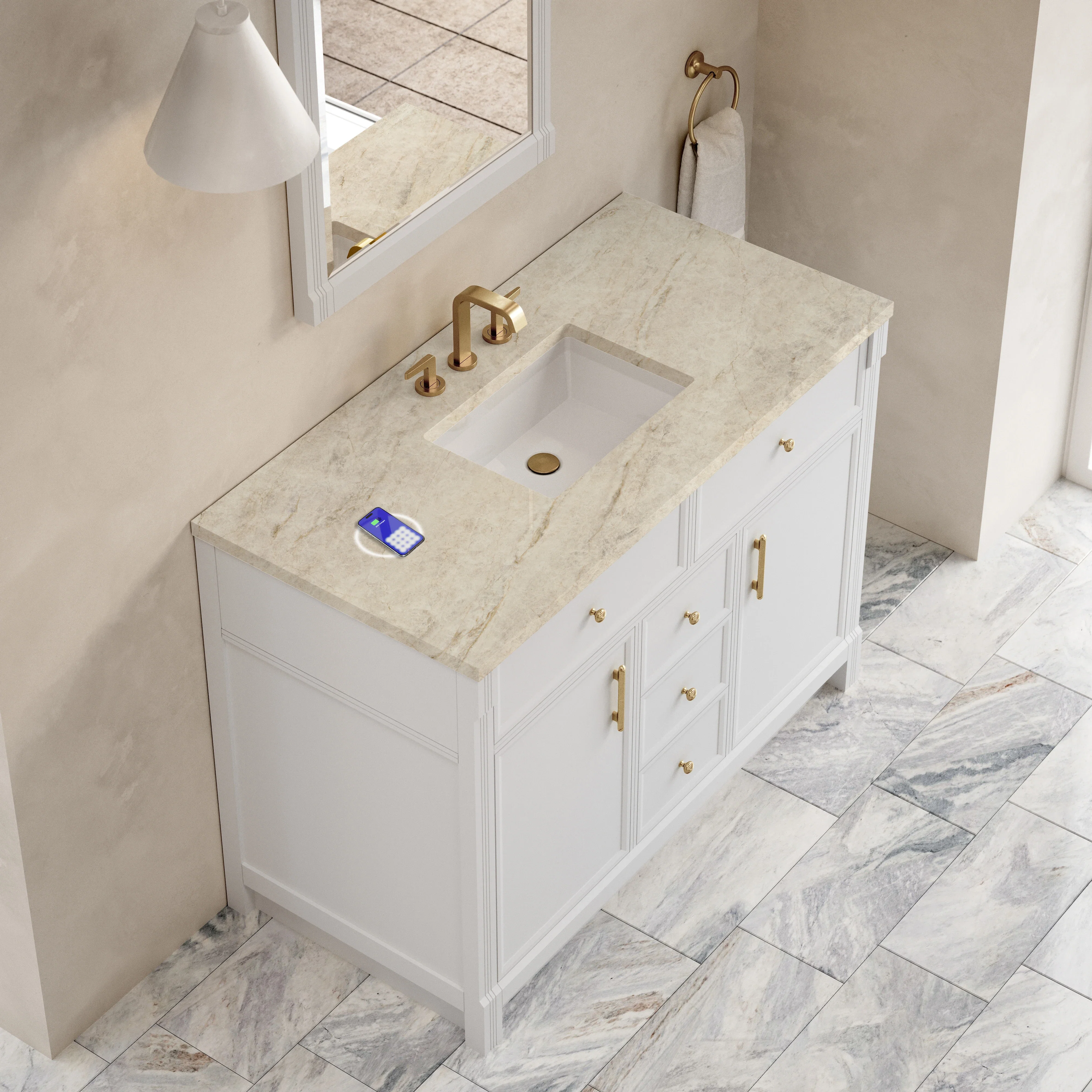 Bellshire 48" Single Vanity, Bright White w/ 3 CM Tajnar Eclos Top w/FreePower Wireless Charger
