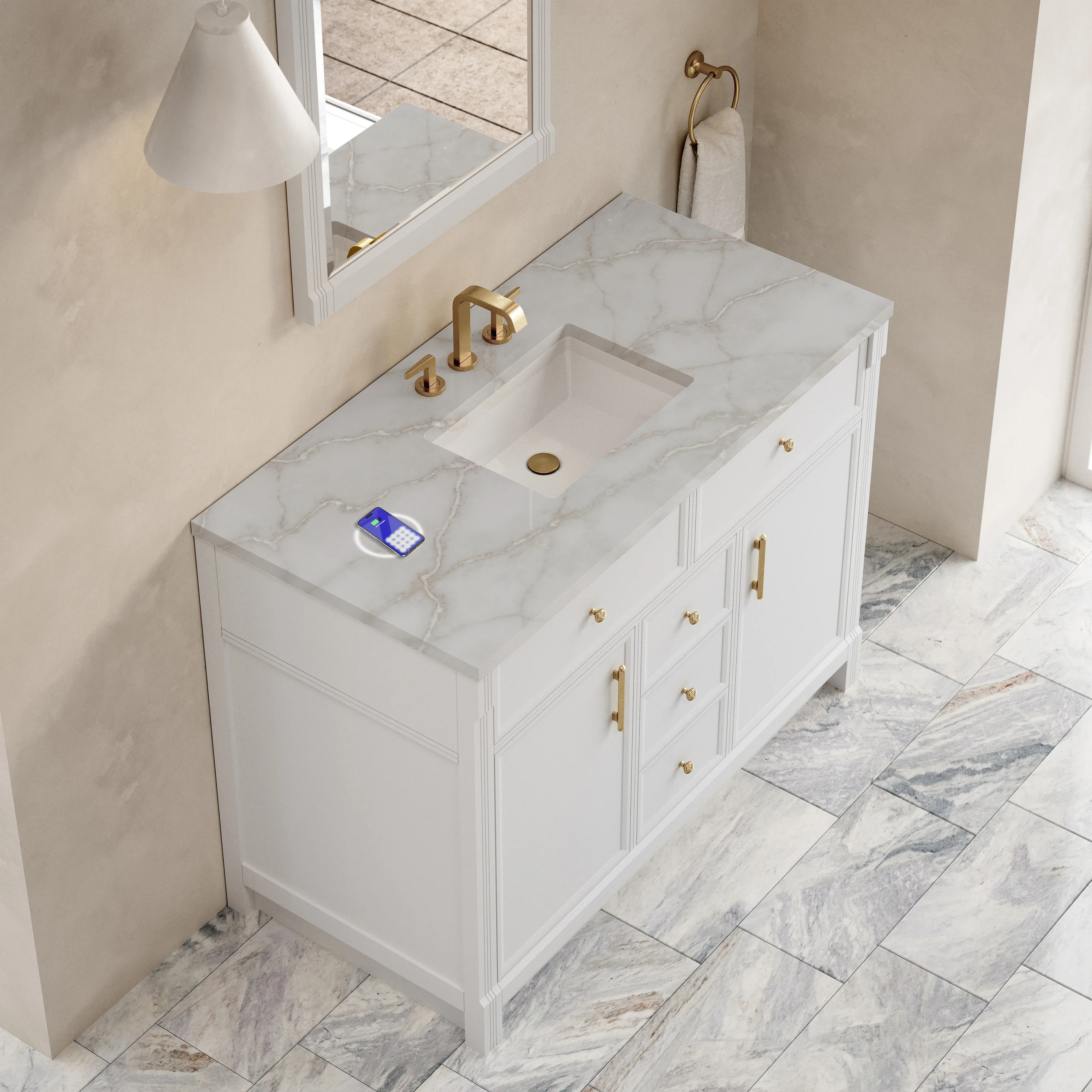 Bellshire 48" Single Vanity, Bright White w/ 3 CM Victorian Silver Silestone Top w/FreePower Wireless Charger