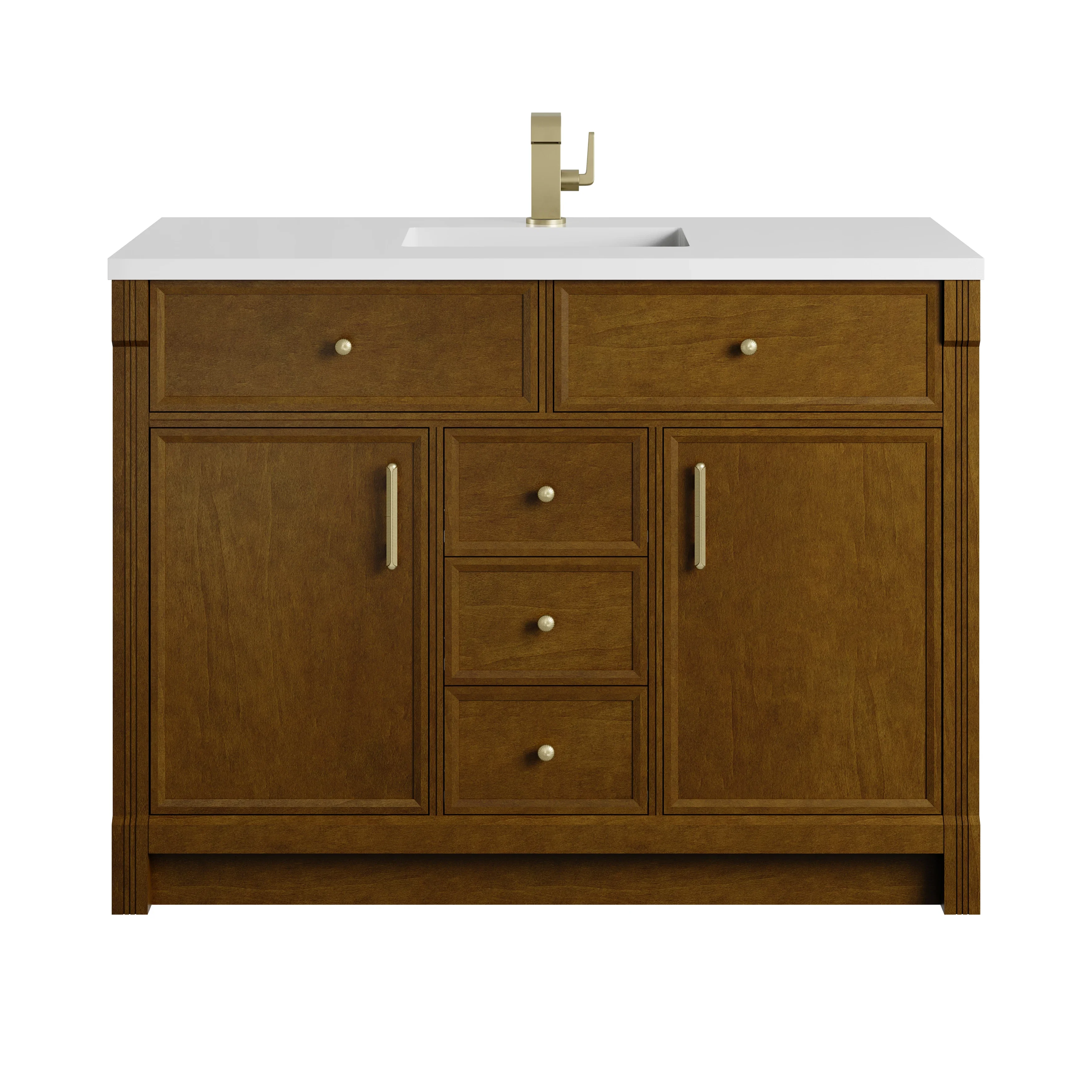 Bellshire 48" Single Vanity, Honey Oak w/ Single Hole 3 CM White Zeus Silestone Top and Matching Backsplash